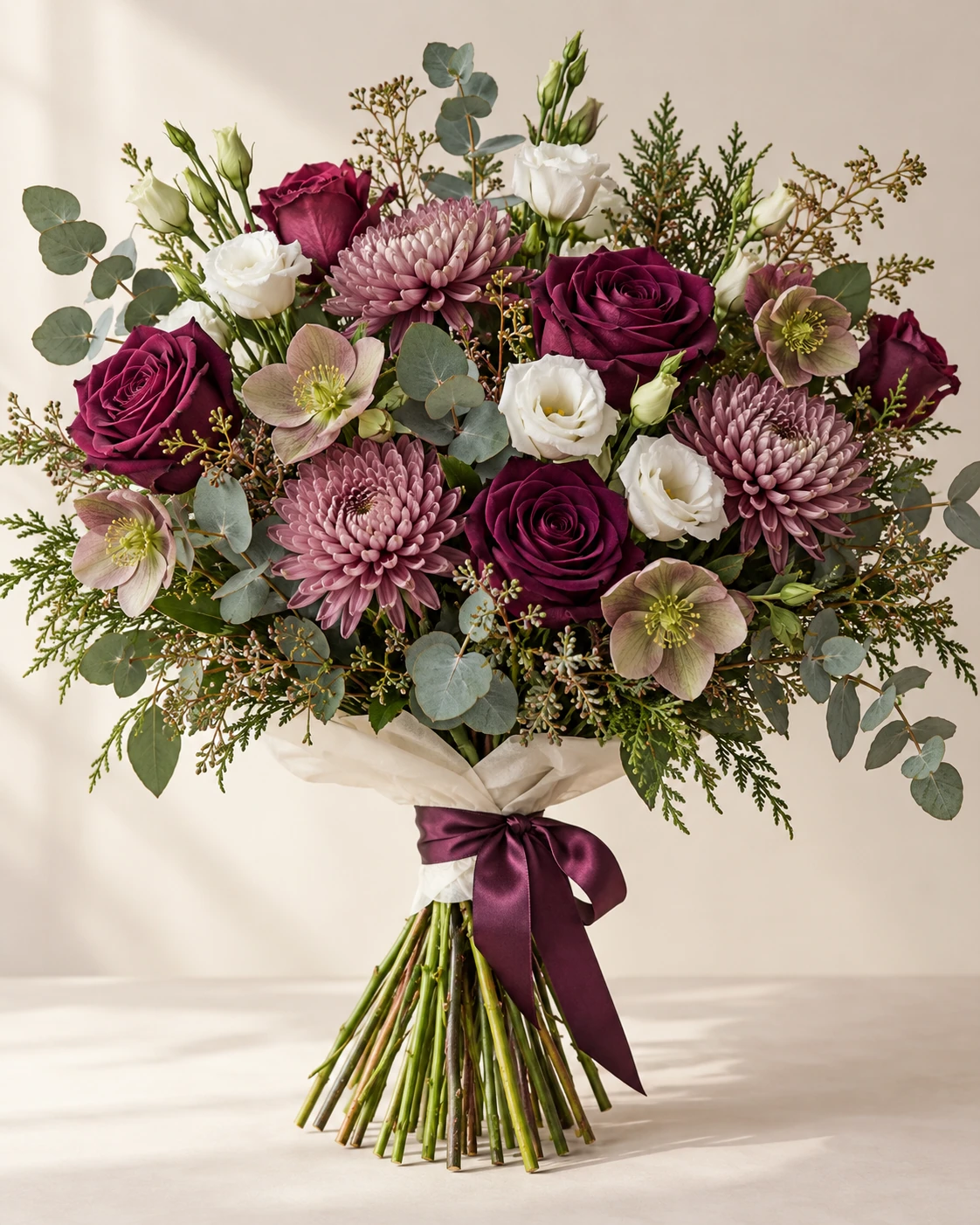 Plum and Pearl hand-tied bouquet: Plum roses, mauve chrysanthemums, white lisianthus, pale hellebore flowers and silvery eucalyptus.