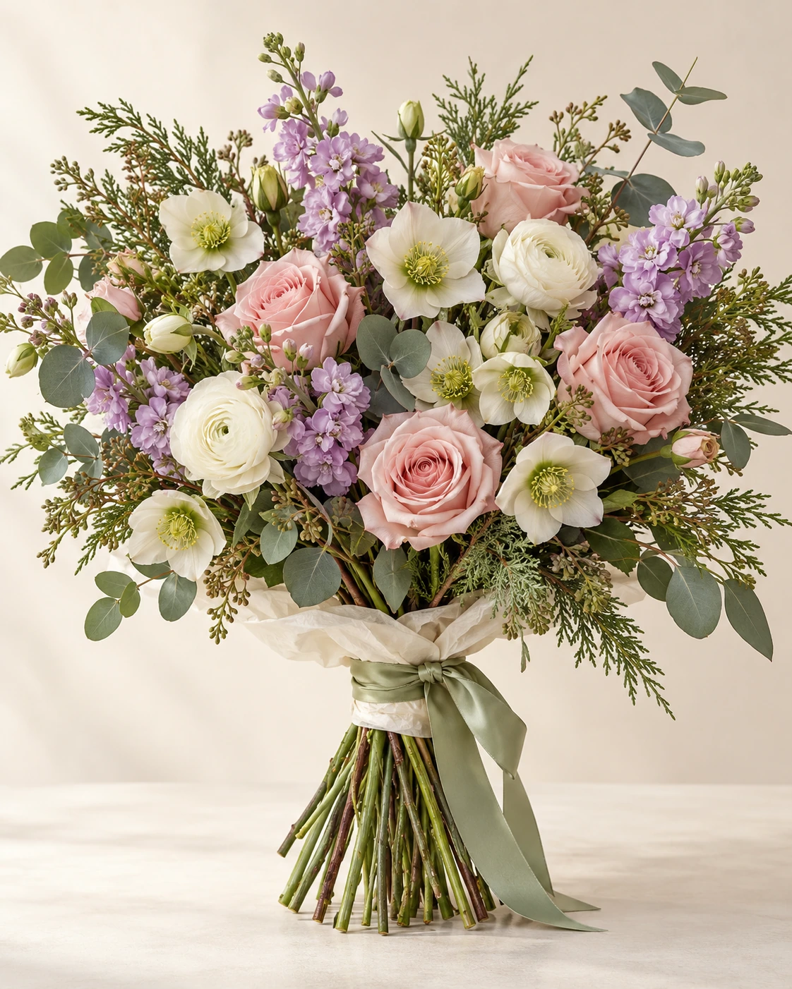 Winter Garden hand-tied bouquet: White hellebore flowers with pale green centres, ivory ranunculus, dusty pink roses, lavender stock, eucalyptus and light cedar.