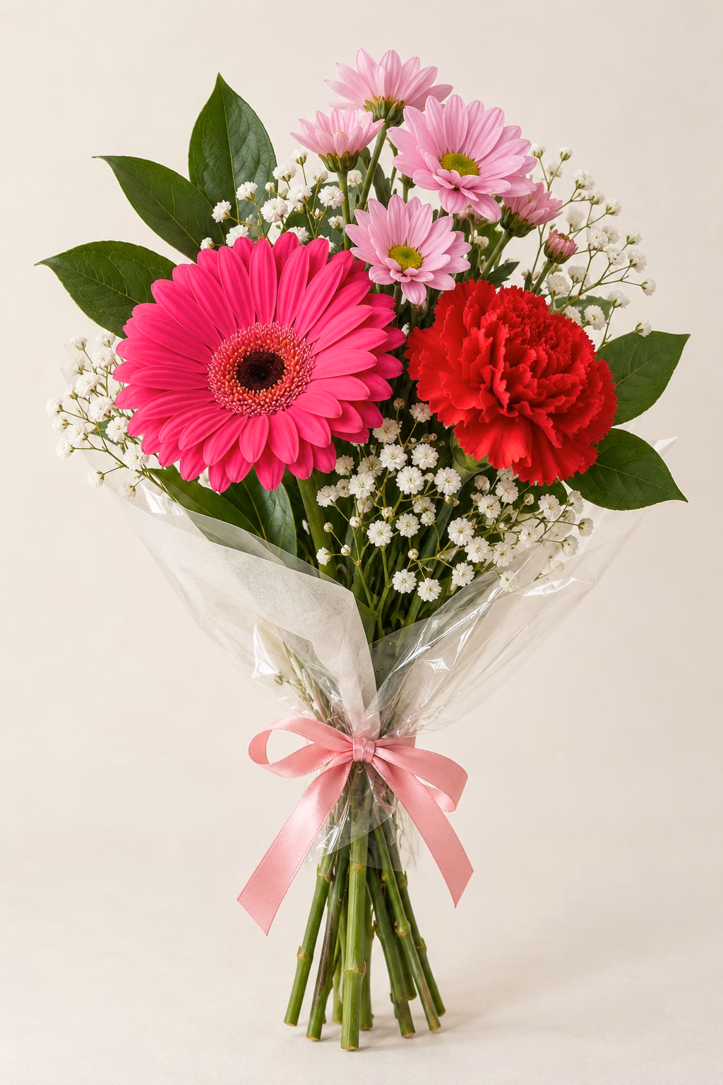 Berry Garden Budget Bouquet: 1 hot pink gerbera, 1 red standard carnation, 1 pink daisy spray chrysanthemum stem, a few salal leaves and a light touch of baby's breath. Traditionally hand-tied with simple tissue and clear wrapping, finished with a coordinating ribbon.