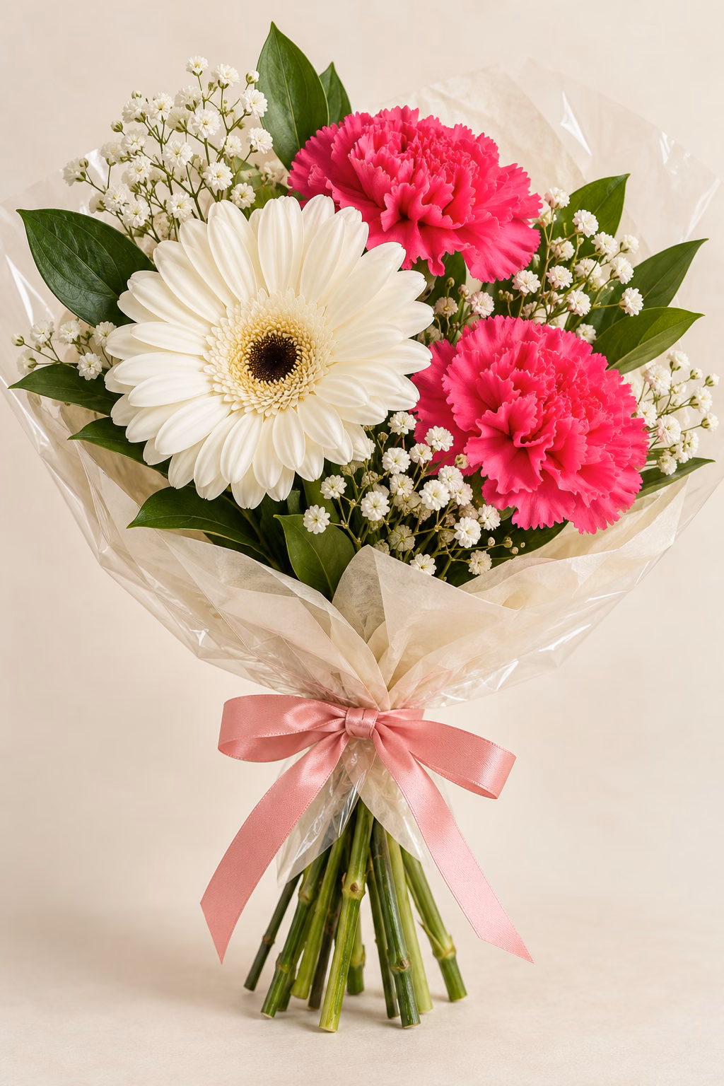 Candy Hello Budget Bouquet: 1 white gerbera, 2 hot pink standard carnations, a few salal leaves and a light touch of baby's breath. Traditionally hand-tied with simple tissue and clear wrapping, finished with a coordinating ribbon.