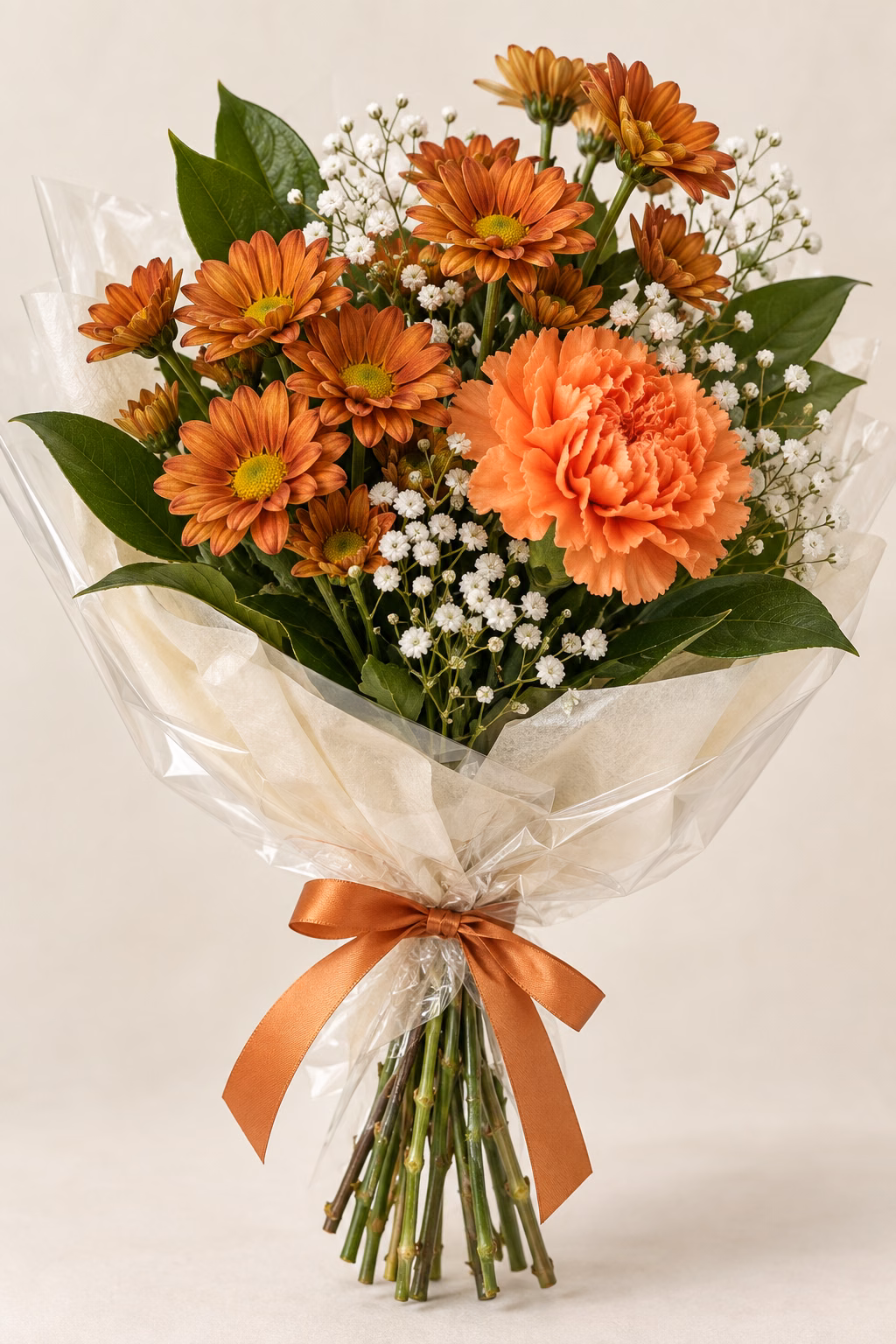 Copper Posy Budget Bouquet: 2 bronze daisy spray chrysanthemum stems, 1 orange standard carnation, a few salal leaves and a light touch of baby's breath. Traditionally hand-tied with simple tissue and clear wrapping, finished with a coordinating ribbon.