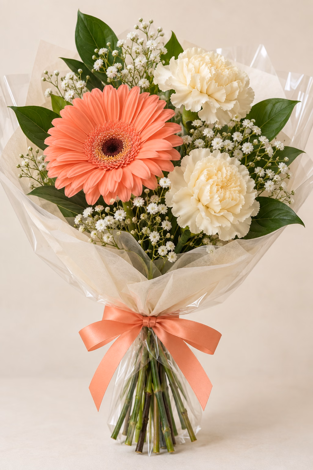 Coral Cheer Budget Bouquet: 1 coral gerbera, 2 cream standard carnations, a few salal leaves and a light touch of baby's breath. Traditionally hand-tied with simple tissue and clear wrapping, finished with a coordinating ribbon.