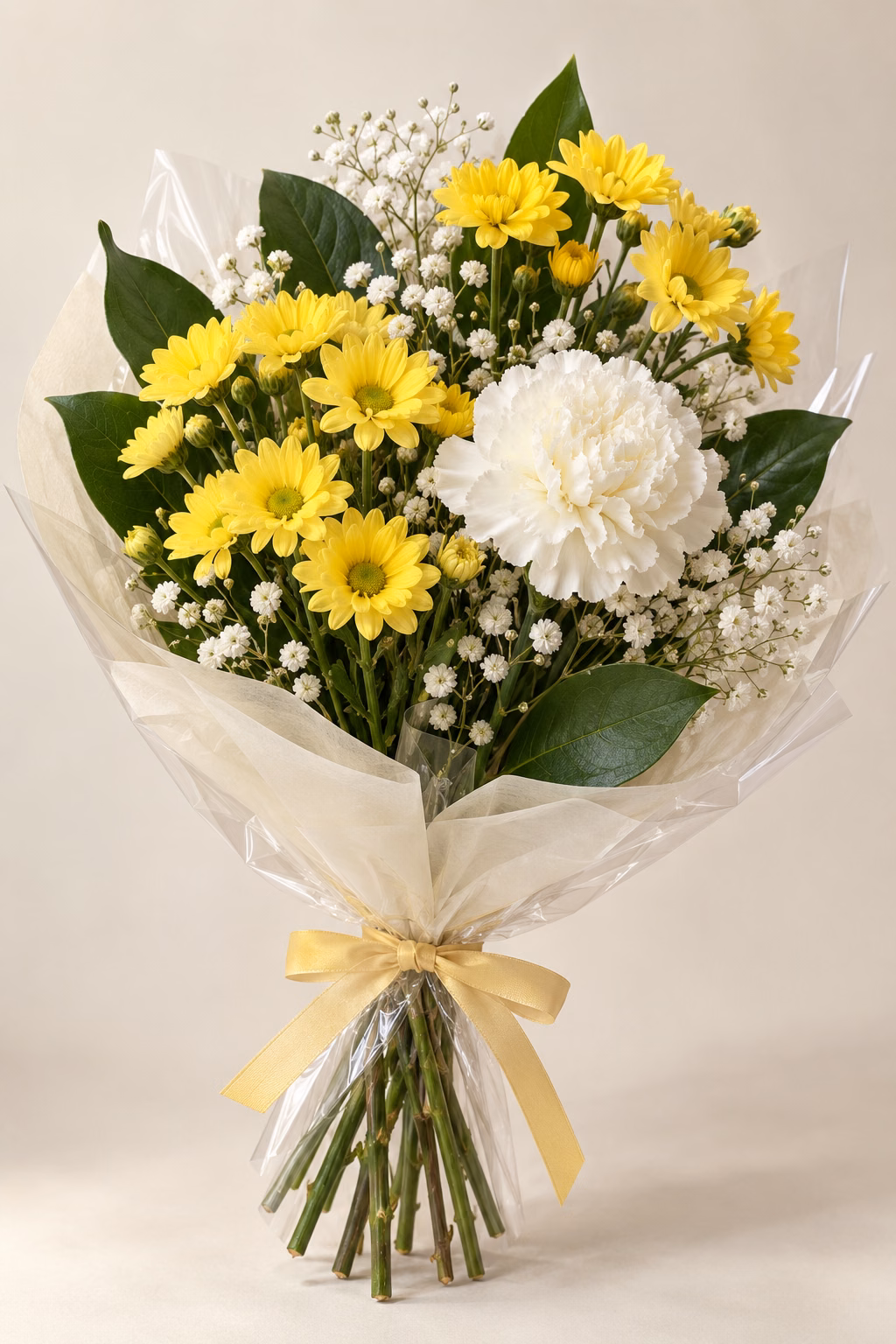 Daisy Sunshine Budget Bouquet: 2 yellow daisy spray chrysanthemum stems, 1 white standard carnation, a few salal leaves and a light touch of baby's breath. Traditionally hand-tied with simple tissue and clear wrapping, finished with a coordinating ribbon.