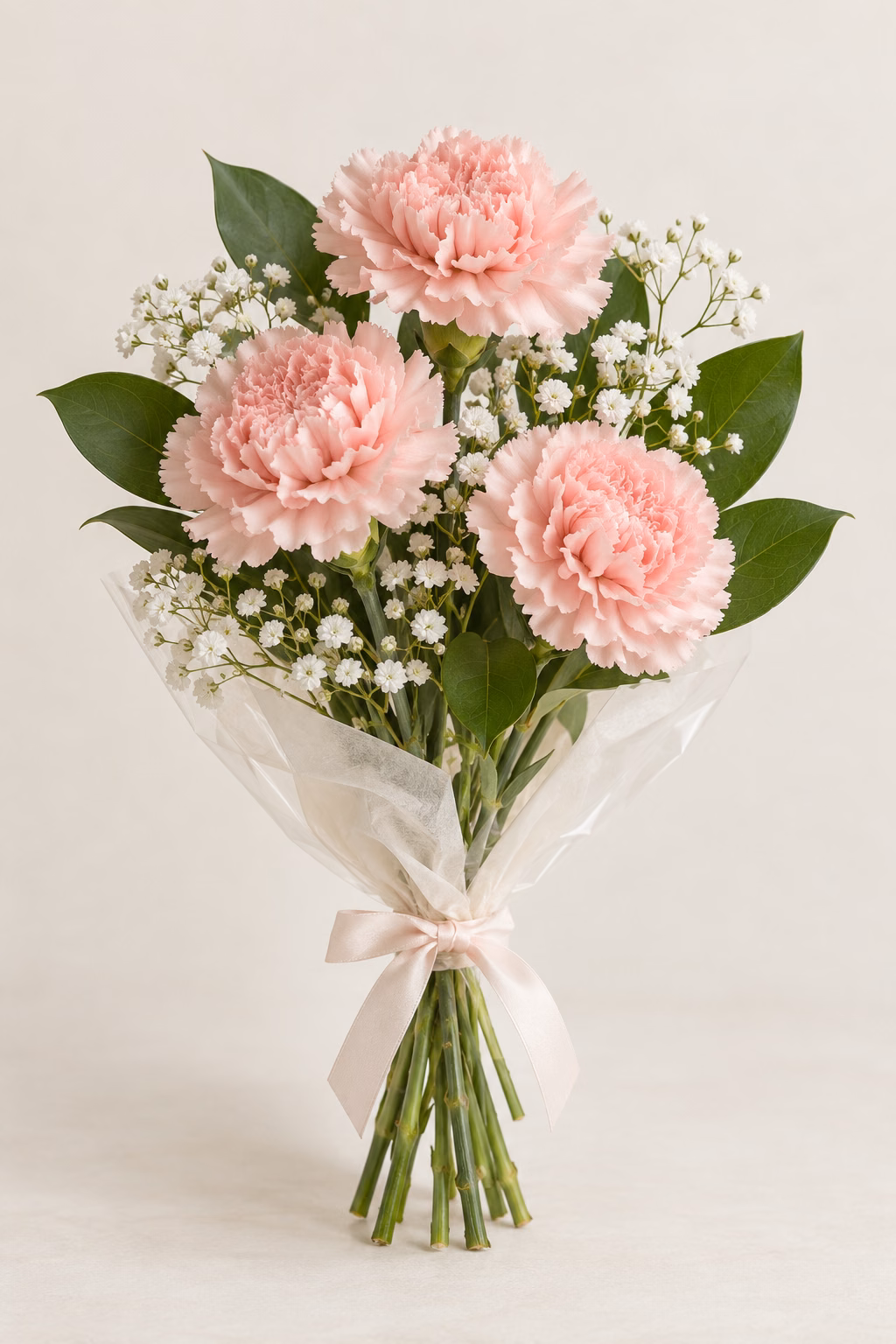 Everyday Blush Budget Bouquet: 3 blush standard carnations, a few salal leaves and a light touch of baby's breath. Traditionally hand-tied with simple tissue and clear wrapping, finished with a coordinating ribbon.