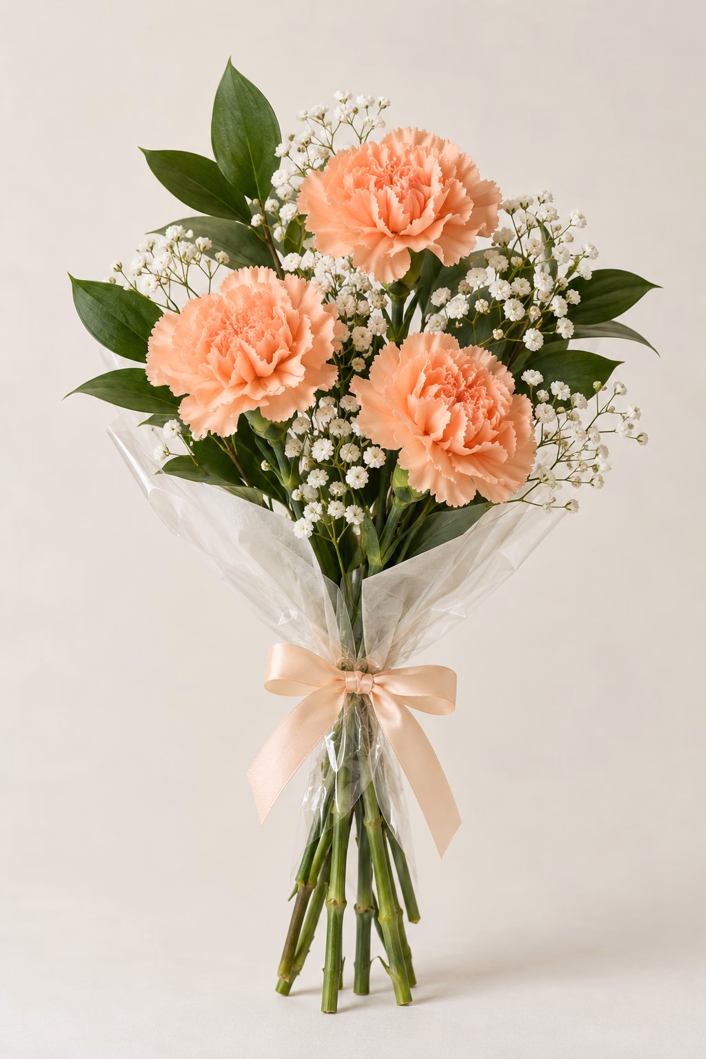 Everyday Peach Budget Bouquet: 3 peach standard carnations, a few salal leaves and a light touch of baby's breath. Traditionally hand-tied with simple tissue and clear wrapping, finished with a coordinating ribbon.