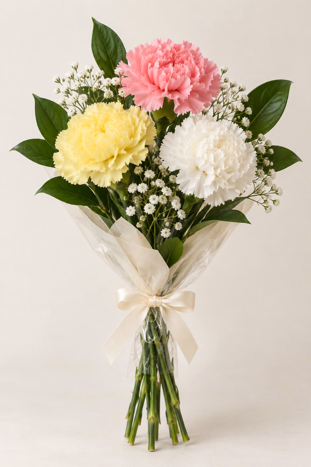 Everyday Rainbow Budget Bouquet: 1 pink standard carnation, 1 yellow standard carnation, 1 white standard carnation, a few salal leaves and a light touch of baby's breath. Traditionally hand-tied with simple tissue and clear wrapping, finished with a coordinating ribbon.