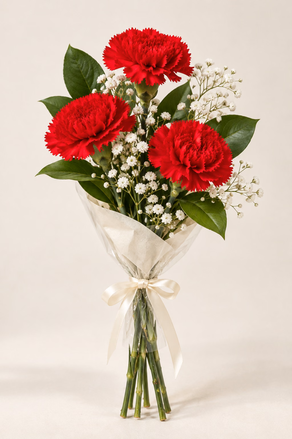 Everyday Red Budget Bouquet: 3 red standard carnations, a few salal leaves and a light touch of baby's breath. Traditionally hand-tied with simple tissue and clear wrapping, finished with a coordinating ribbon.