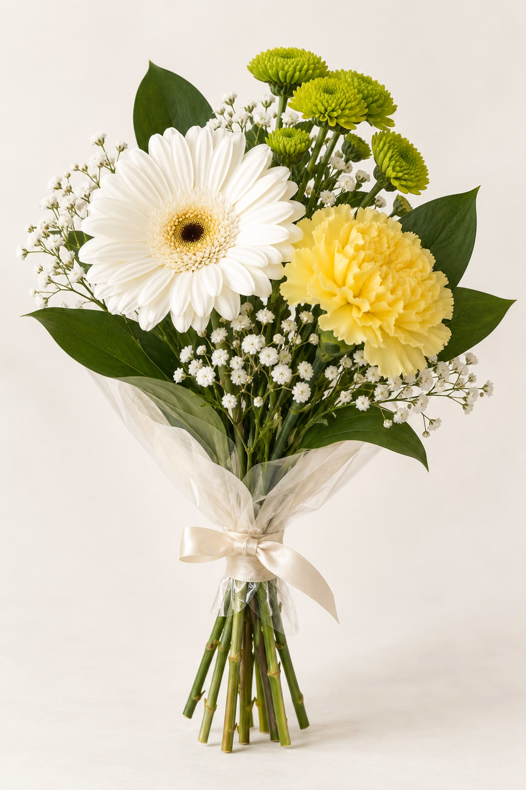 Fresh Garden Budget Bouquet: 1 white gerbera, 1 yellow standard carnation, 1 lime button spray chrysanthemum stem, a few salal leaves and a light touch of baby's breath. Traditionally hand-tied with simple tissue and clear wrapping, finished with a coordinating ribbon.