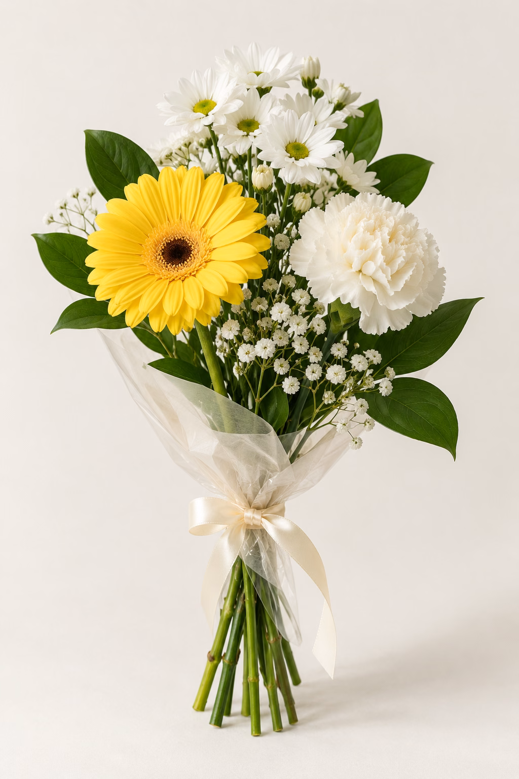 Garden Hello Budget Bouquet: 1 yellow gerbera, 1 white standard carnation, 1 white daisy spray chrysanthemum stem, a few salal leaves and a light touch of baby's breath. Traditionally hand-tied with simple tissue and clear wrapping, finished with a coordinating ribbon.
