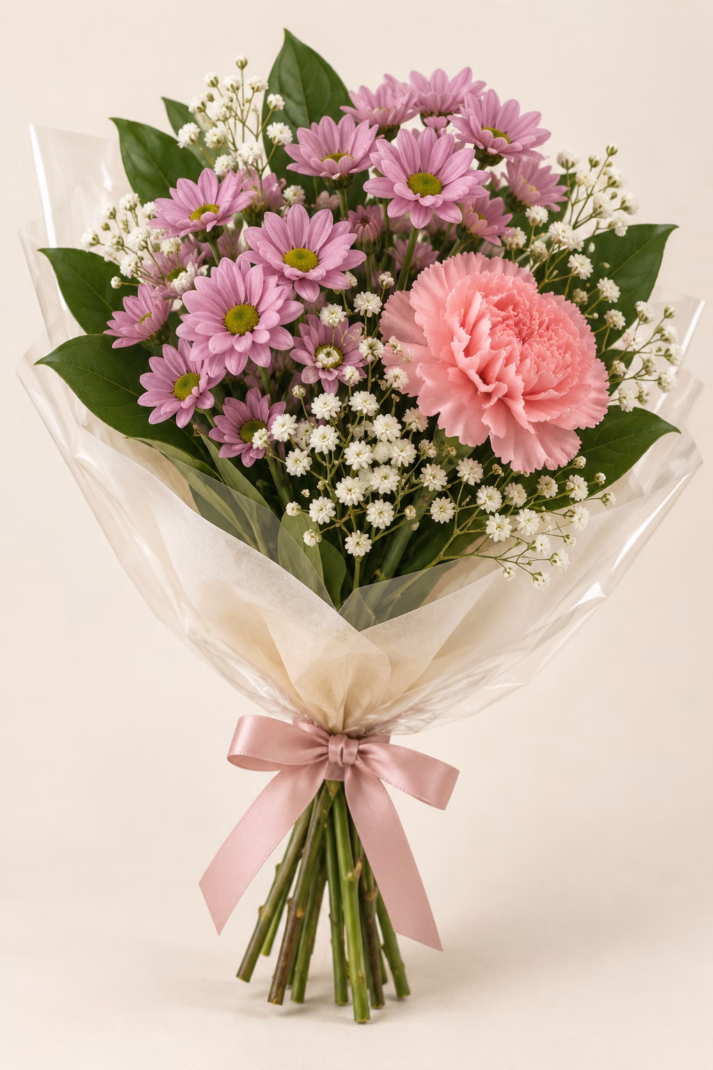 Lilac Posy Budget Bouquet: 2 mauve daisy spray chrysanthemum stems, 1 pink standard carnation, a few salal leaves and a light touch of baby's breath. Traditionally hand-tied with simple tissue and clear wrapping, finished with a coordinating ribbon.
