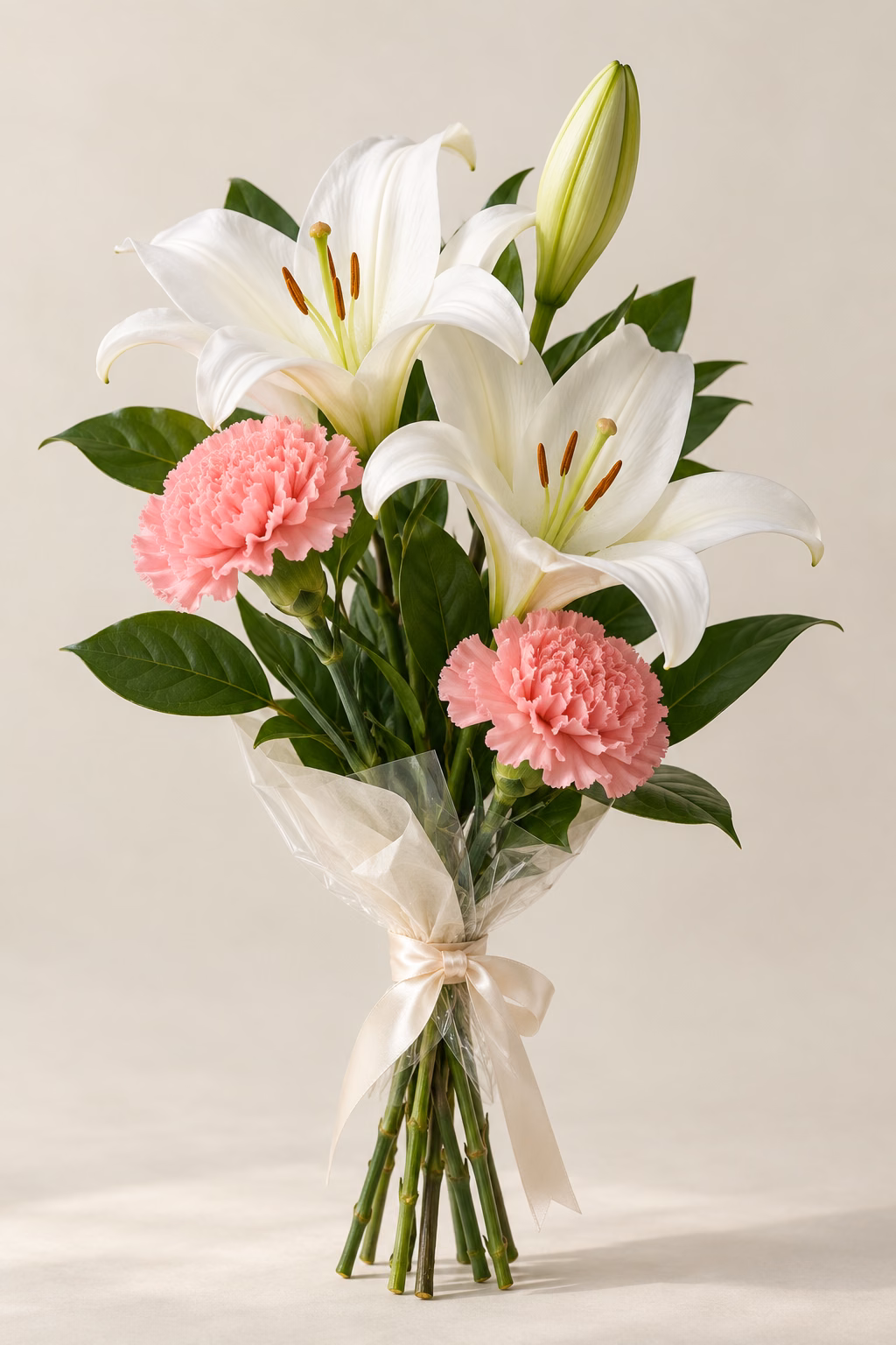 Lily Light Budget Bouquet: 1 white lily stem with 2 open blooms and 1 closed bud, 2 pink standard carnations, a few salal leaves. Traditionally hand-tied with simple tissue and clear wrapping, finished with a coordinating ribbon.