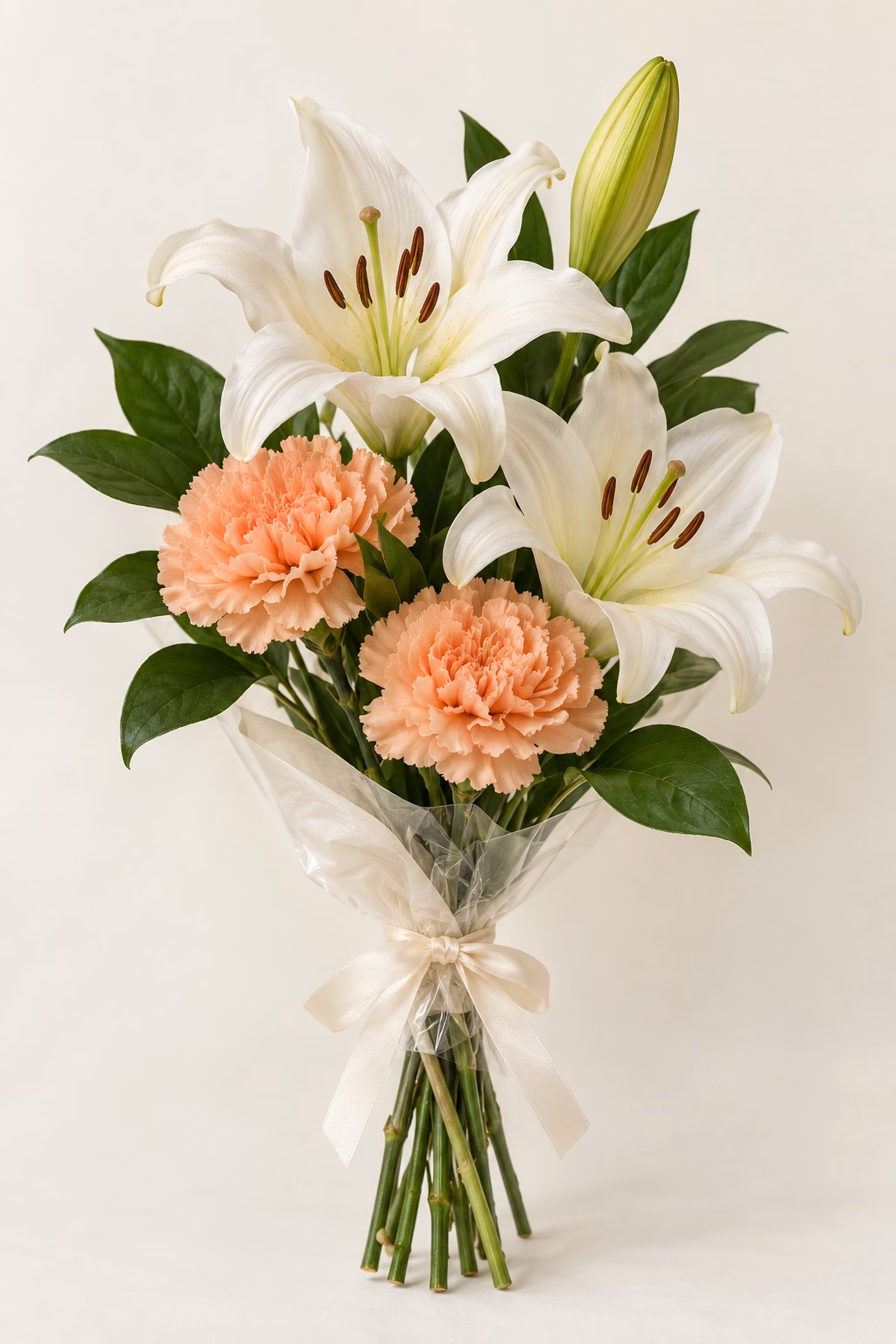 Lily Peach Budget Bouquet: 1 white lily stem with 2 open blooms and 1 closed bud, 2 peach standard carnations, a few salal leaves. Traditionally hand-tied with simple tissue and clear wrapping, finished with a coordinating ribbon.