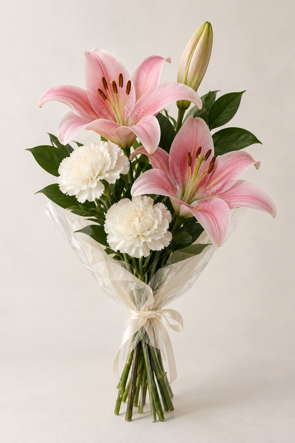 Lily Pink Budget Bouquet: 1 pink lily stem with 2 open blooms and 1 closed bud, 2 white standard carnations, a few salal leaves. Traditionally hand-tied with simple tissue and clear wrapping, finished with a coordinating ribbon.