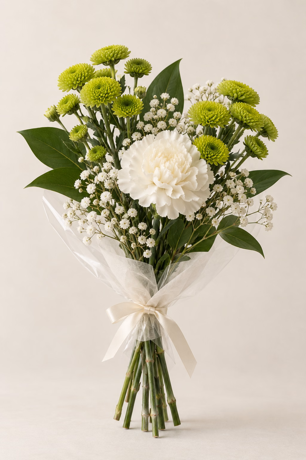 Lime & Cream Budget Bouquet: 2 lime button spray chrysanthemum stems, 1 white standard carnation, a few salal leaves and a light touch of baby's breath. Traditionally hand-tied with simple tissue and clear wrapping, finished with a coordinating ribbon.