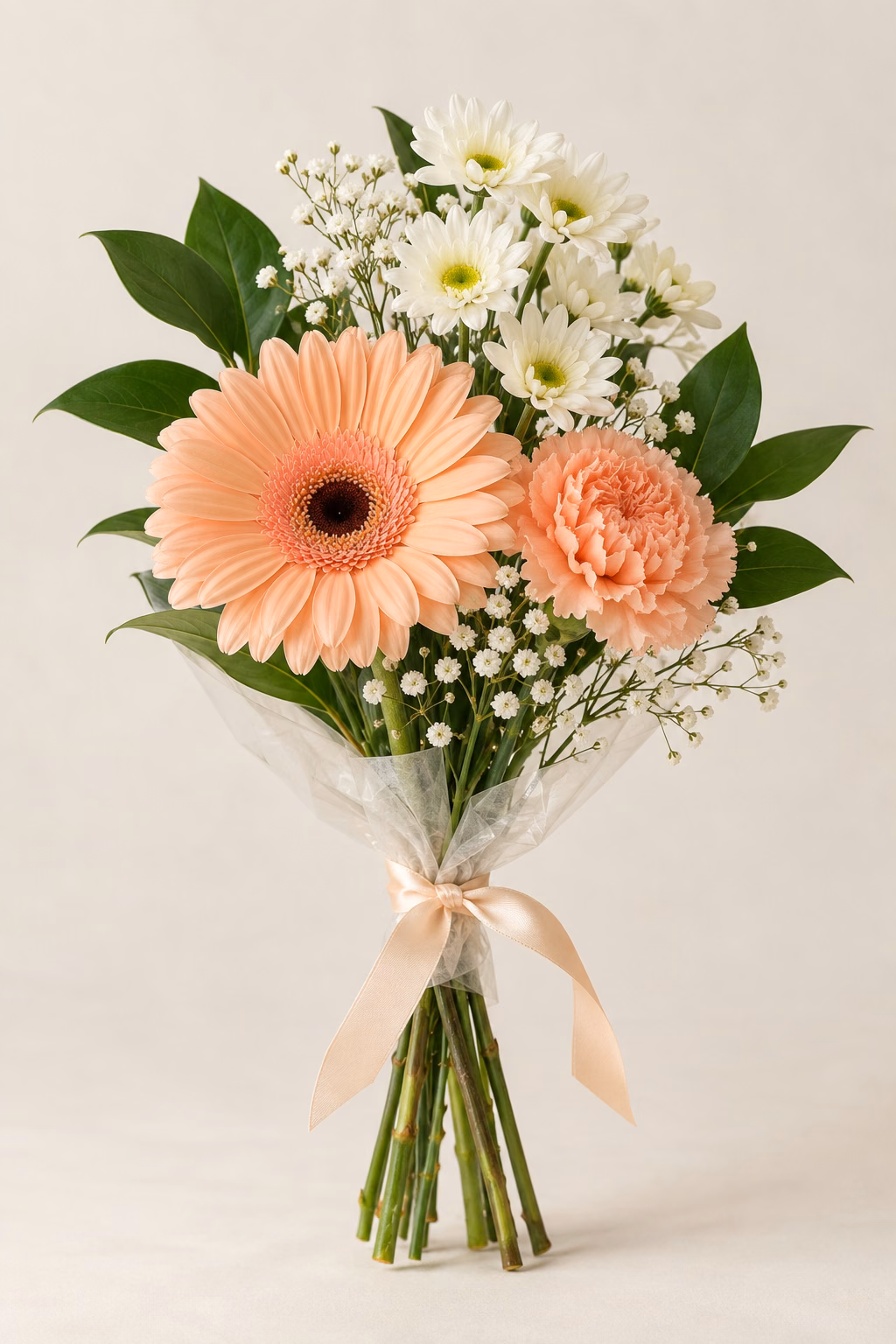 Peach Garden Budget Bouquet: 1 peach gerbera, 1 peach standard carnation, 1 cream daisy spray chrysanthemum stem, a few salal leaves and a light touch of baby's breath. Traditionally hand-tied with simple tissue and clear wrapping, finished with a coordinating ribbon.