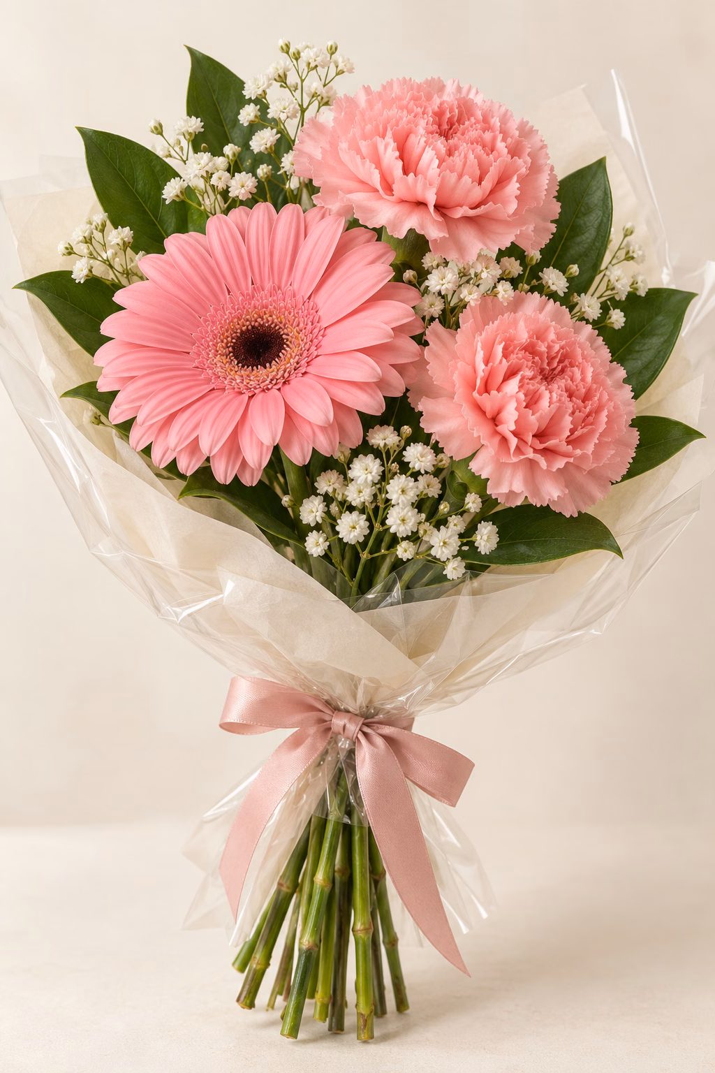 Pink Pocket Budget Bouquet: 1 pink gerbera, 2 pink standard carnations, a few salal leaves and a light touch of baby's breath. Traditionally hand-tied with simple tissue and clear wrapping, finished with a coordinating ribbon.