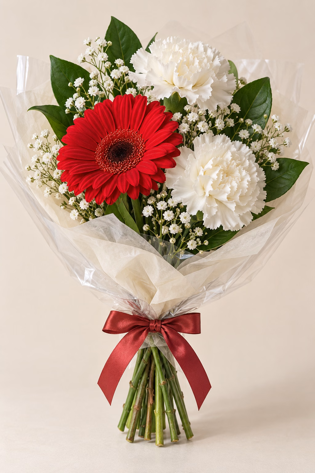 Red Smile Budget Bouquet: 1 red gerbera, 2 white standard carnations, a few salal leaves and a light touch of baby's breath. Traditionally hand-tied with simple tissue and clear wrapping, finished with a coordinating ribbon.