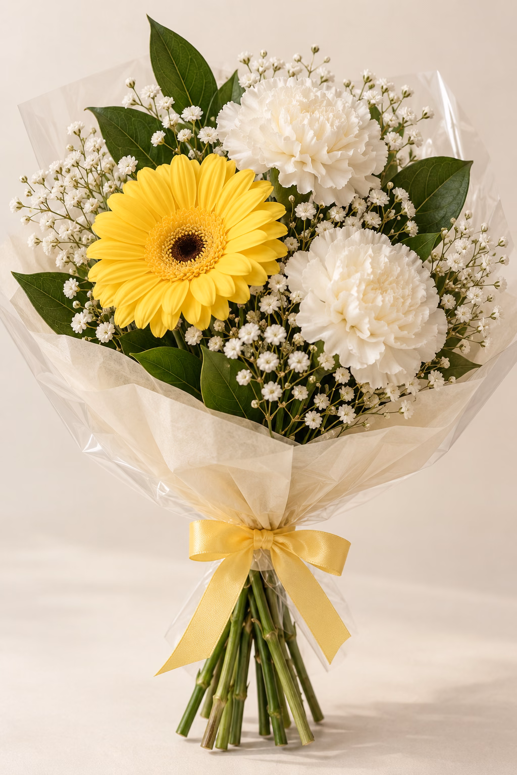 Sunny Hello Budget Bouquet: 1 yellow gerbera, 2 white standard carnations, a few salal leaves and a light touch of baby's breath. Traditionally hand-tied with simple tissue and clear wrapping, finished with a coordinating ribbon.