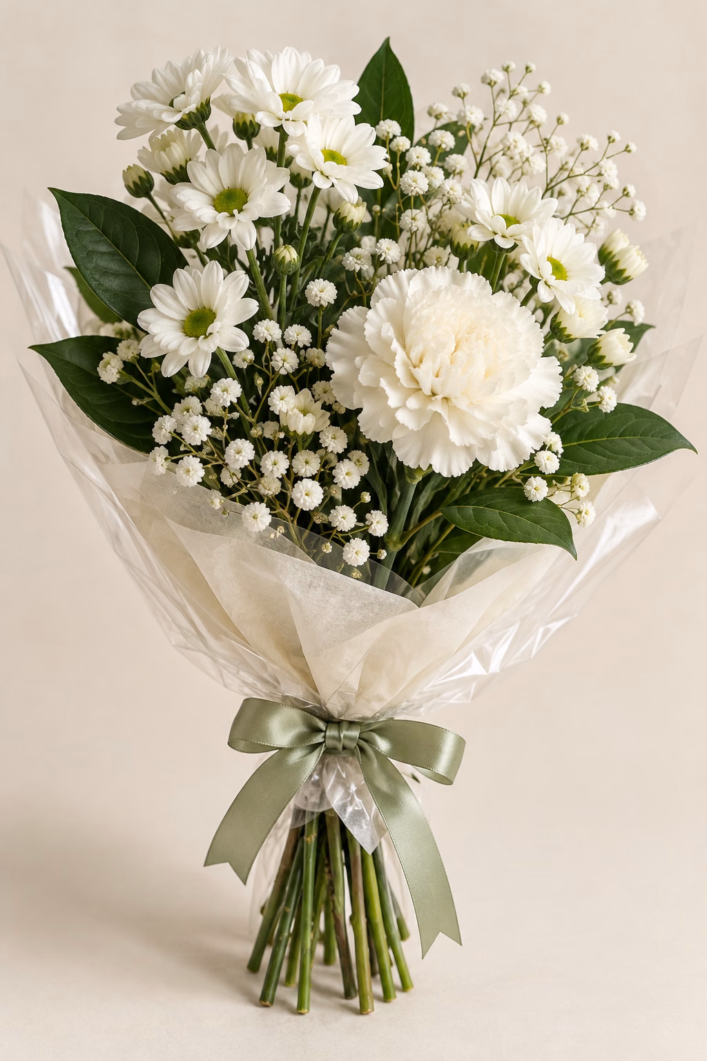 White Whisper Budget Bouquet: 2 white daisy spray chrysanthemum stems, 1 white standard carnation, a few salal leaves and a light touch of baby's breath. Traditionally hand-tied with simple tissue and clear wrapping, finished with a coordinating ribbon.