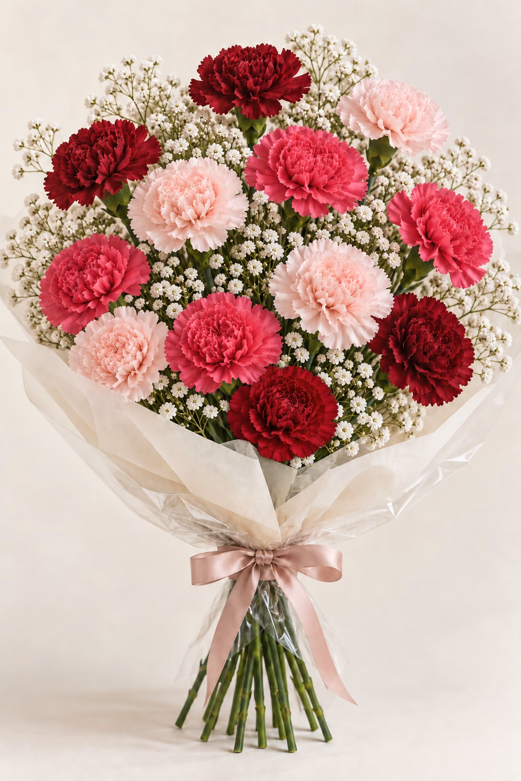 Berry Blush Carnation Bouquet: 12 mixed-colour carnations: 4 deep-burgundy, 4 raspberry-pink and 4 pale-blush carnations, with delicate white baby's breath. Traditionally hand-tied with simple tissue and clear wrapping, finished with a coordinating ribbon.