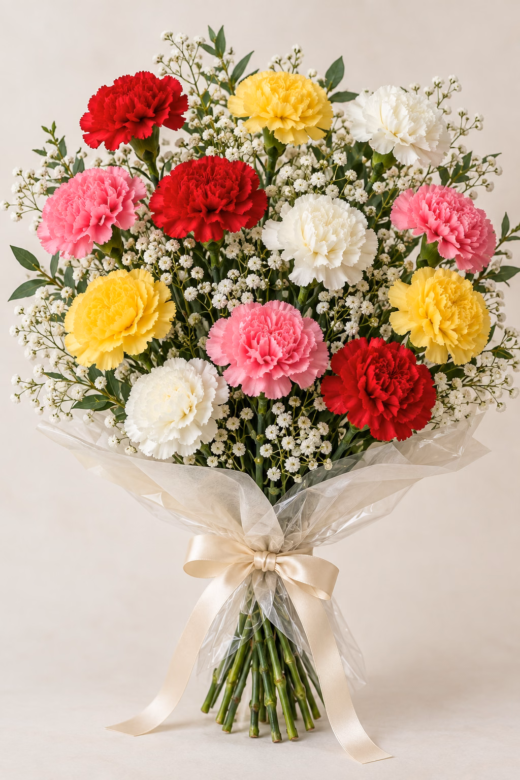 Bright Joy Carnation Bouquet: 12 mixed-colour carnations: 3 cherry-red, 3 bright-pink, 3 golden-yellow and 3 creamy-white carnations, with delicate white baby's breath. Traditionally hand-tied with simple tissue and clear wrapping, finished with a coordinating ribbon.