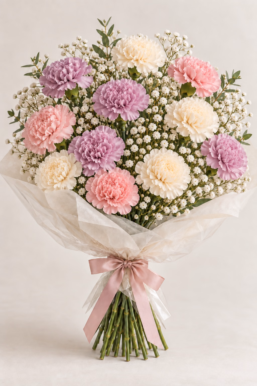 Lilac Garden Carnation Bouquet: 12 mixed-colour carnations: 4 lavender-mauve, 4 soft-pink and 4 warm-cream carnations, with delicate white baby's breath. Traditionally hand-tied with simple tissue and clear wrapping, finished with a coordinating ribbon.