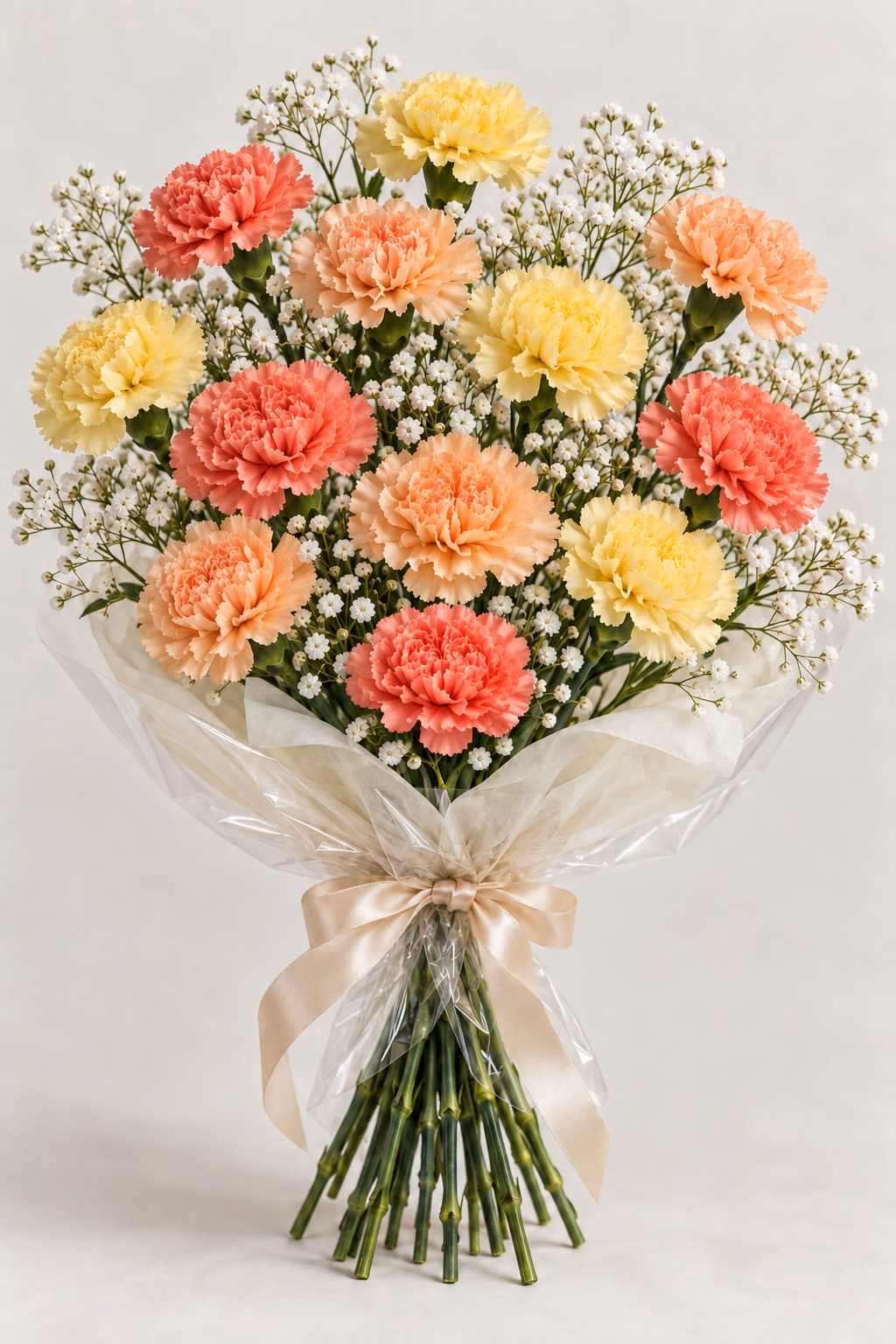 Peach Sorbet Carnation Bouquet: 12 mixed-colour carnations: 4 coral, 4 apricot and 4 buttery-yellow carnations, with delicate white baby's breath. Traditionally hand-tied with simple tissue and clear wrapping, finished with a coordinating ribbon.