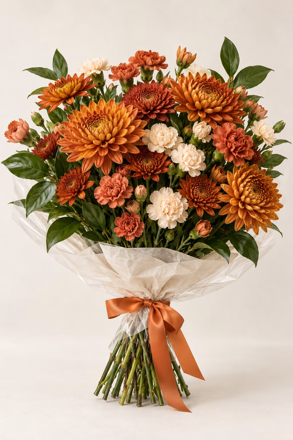 Autumn Copper Chrysanthemum & Carnation Bouquet: Bronze-orange and copper chrysanthemums, terracotta and cream spray carnations, and glossy salal. Traditionally hand-tied with simple tissue and clear wrapping, finished with a coordinating ribbon.