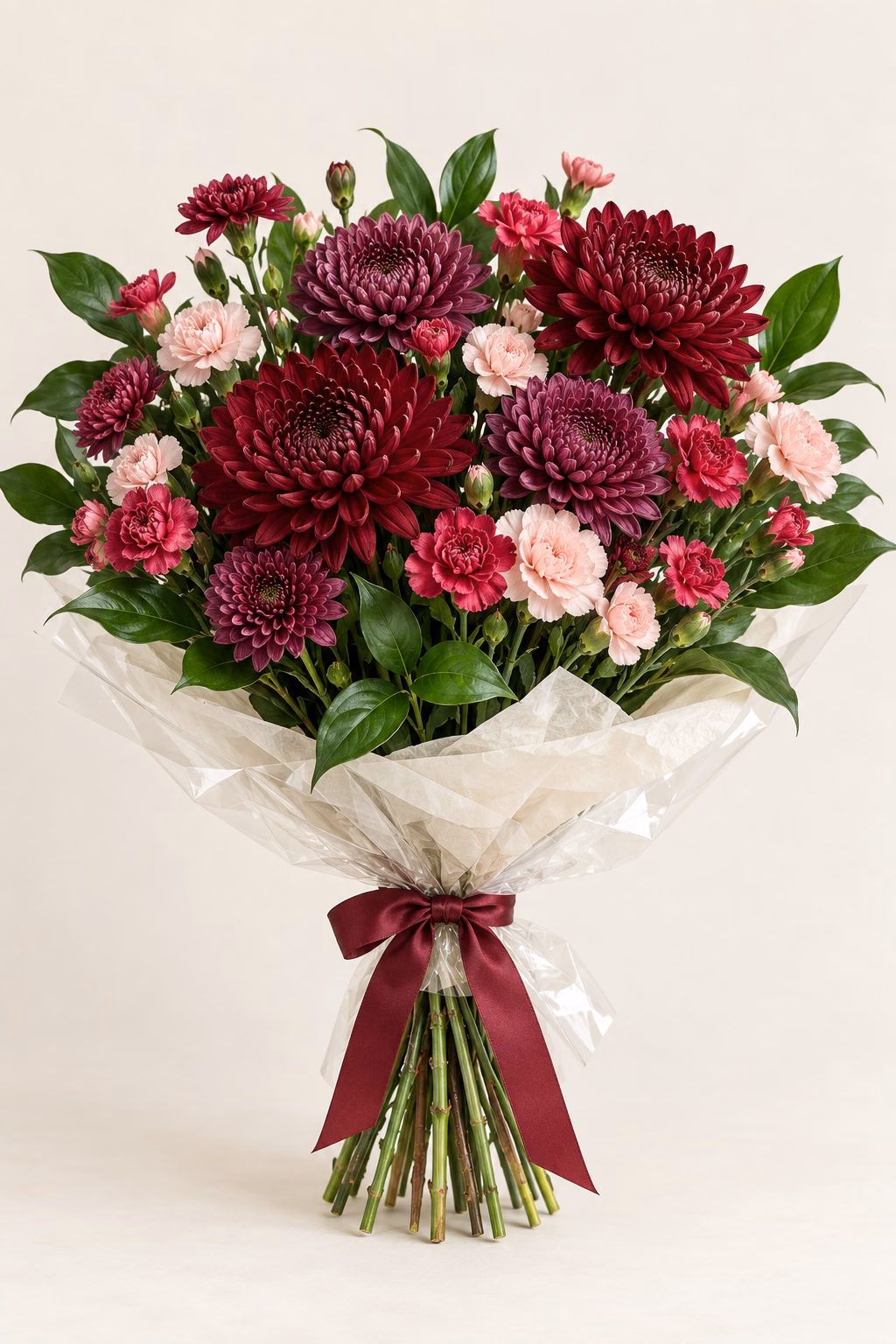 Berry Velvet Chrysanthemum & Carnation Bouquet: Burgundy and plum chrysanthemums, raspberry and pale-blush spray carnations, and glossy salal. Traditionally hand-tied with simple tissue and clear wrapping, finished with a coordinating ribbon.