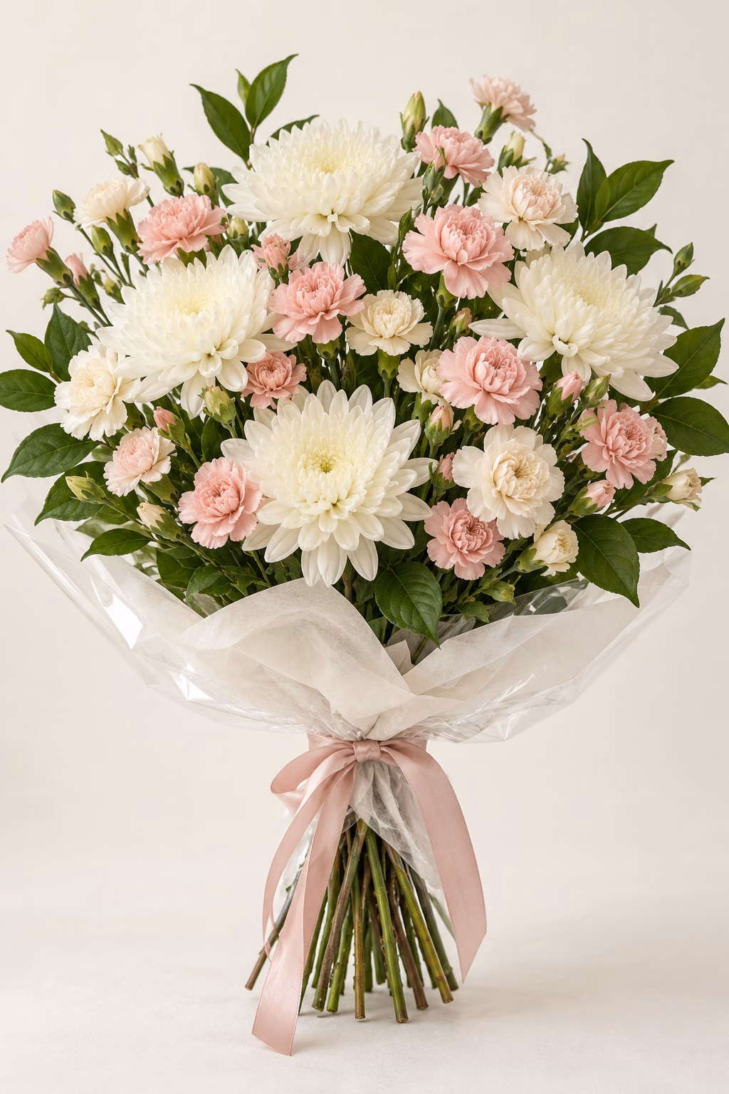 Blush Cloud Chrysanthemum & Carnation Bouquet: Creamy-white chrysanthemums, blush-pink and ivory spray carnations, and glossy salal. Traditionally hand-tied with simple tissue and clear wrapping, finished with a coordinating ribbon.