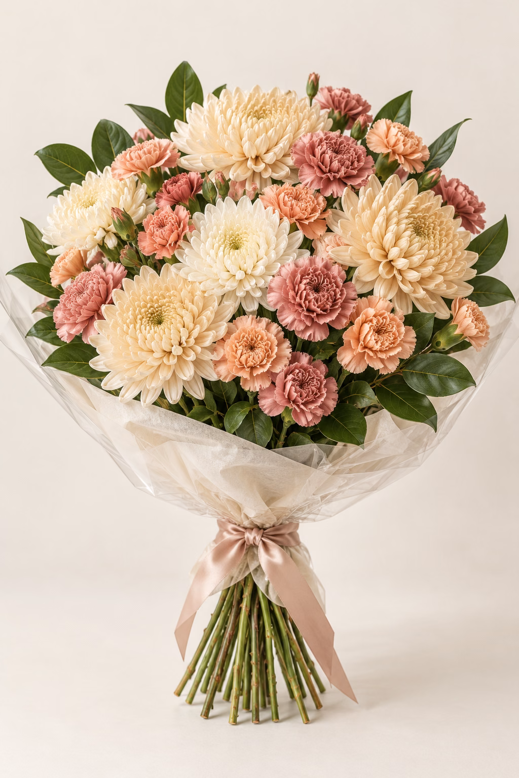 Champagne Garden Chrysanthemum & Carnation Bouquet: Cream and champagne chrysanthemums, dusty-rose and apricot spray carnations, and glossy salal. Traditionally hand-tied with simple tissue and clear wrapping, finished with a coordinating ribbon.