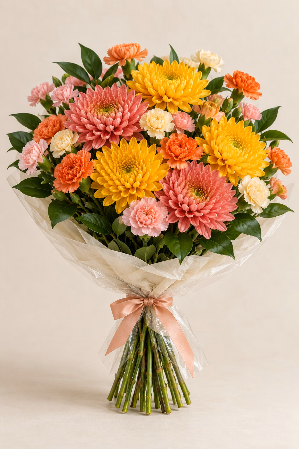 Coral Carnival Chrysanthemum & Carnation Bouquet: Golden-yellow and coral-pink chrysanthemums, orange, pink and cream spray carnations, and glossy salal. Traditionally hand-tied with simple tissue and clear wrapping, finished with a coordinating ribbon.