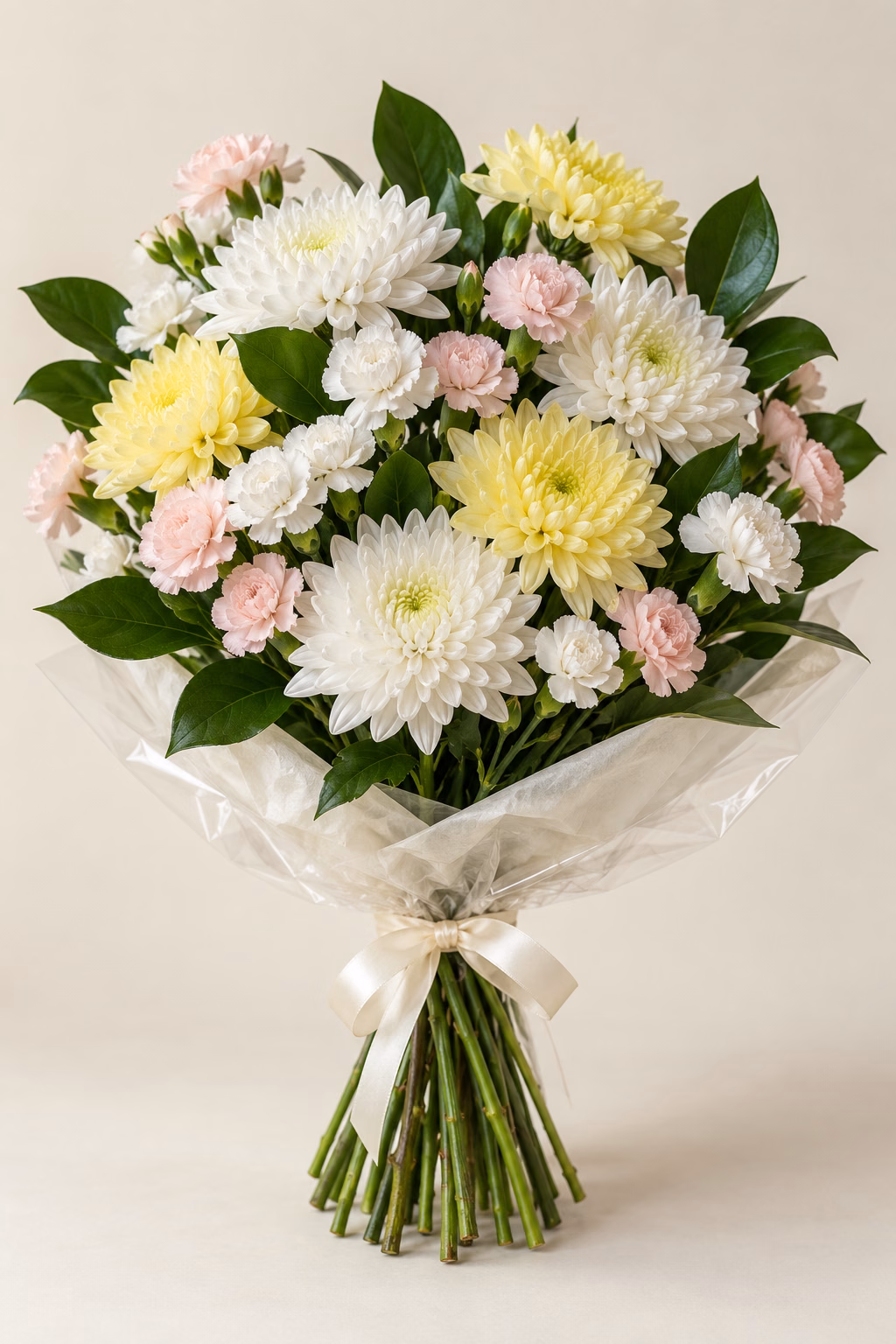 Ivory Blue Chrysanthemum & Carnation Bouquet: White and pale-lemon chrysanthemums, white and blush spray carnations, and glossy salal. Traditionally hand-tied with simple tissue and clear wrapping, finished with a coordinating ribbon.