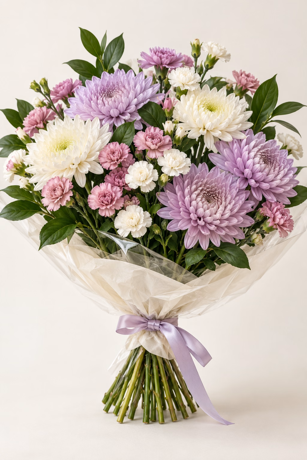 Lilac Mist Chrysanthemum & Carnation Bouquet: Lavender and creamy-white chrysanthemums, mauve-pink and white spray carnations, and glossy salal. Traditionally hand-tied with simple tissue and clear wrapping, finished with a coordinating ribbon.
