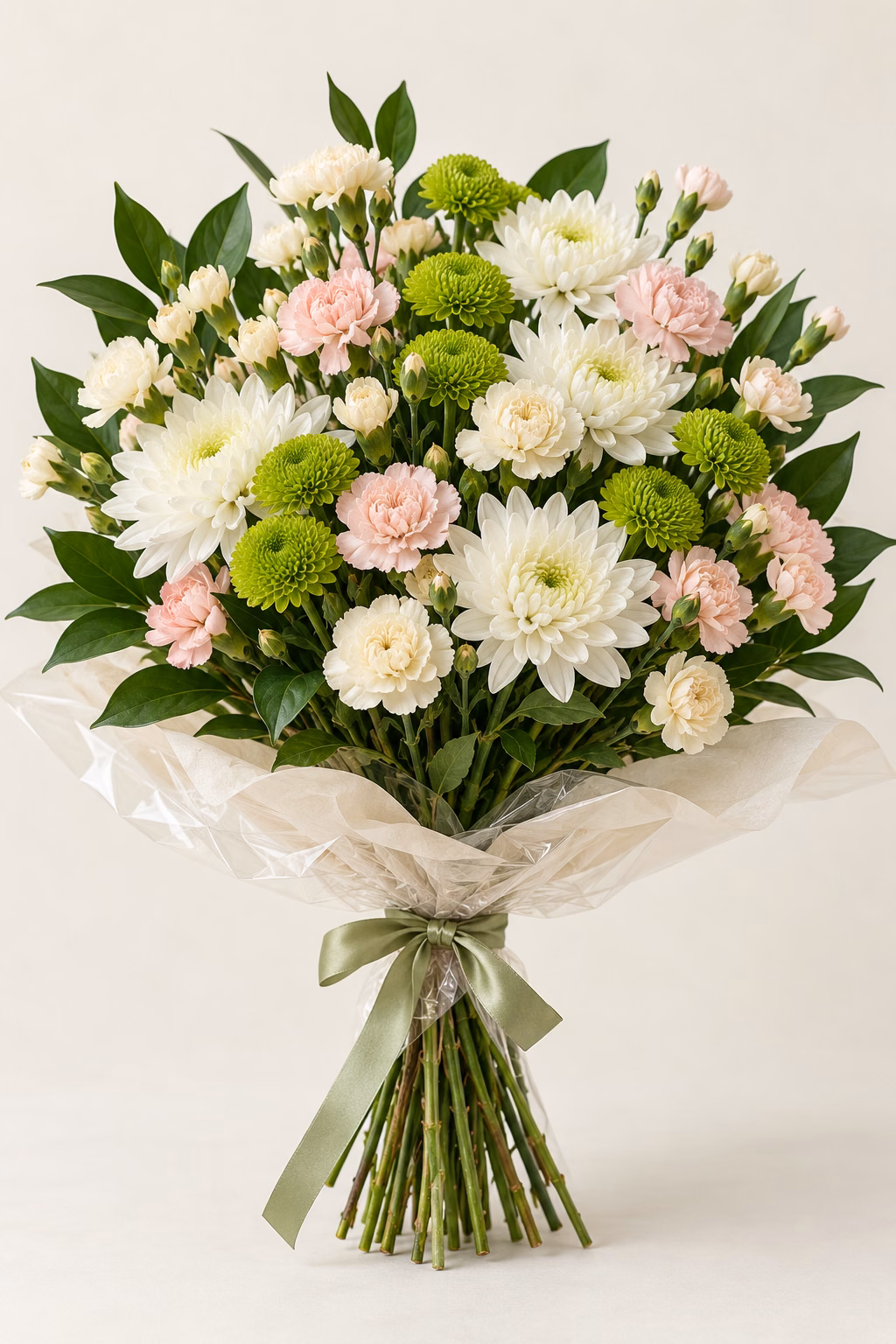 Mint Pearl Chrysanthemum & Carnation Bouquet: Lime-green button and white chrysanthemums, ivory and pale-blush spray carnations, and glossy salal. Traditionally hand-tied with simple tissue and clear wrapping, finished with a coordinating ribbon.