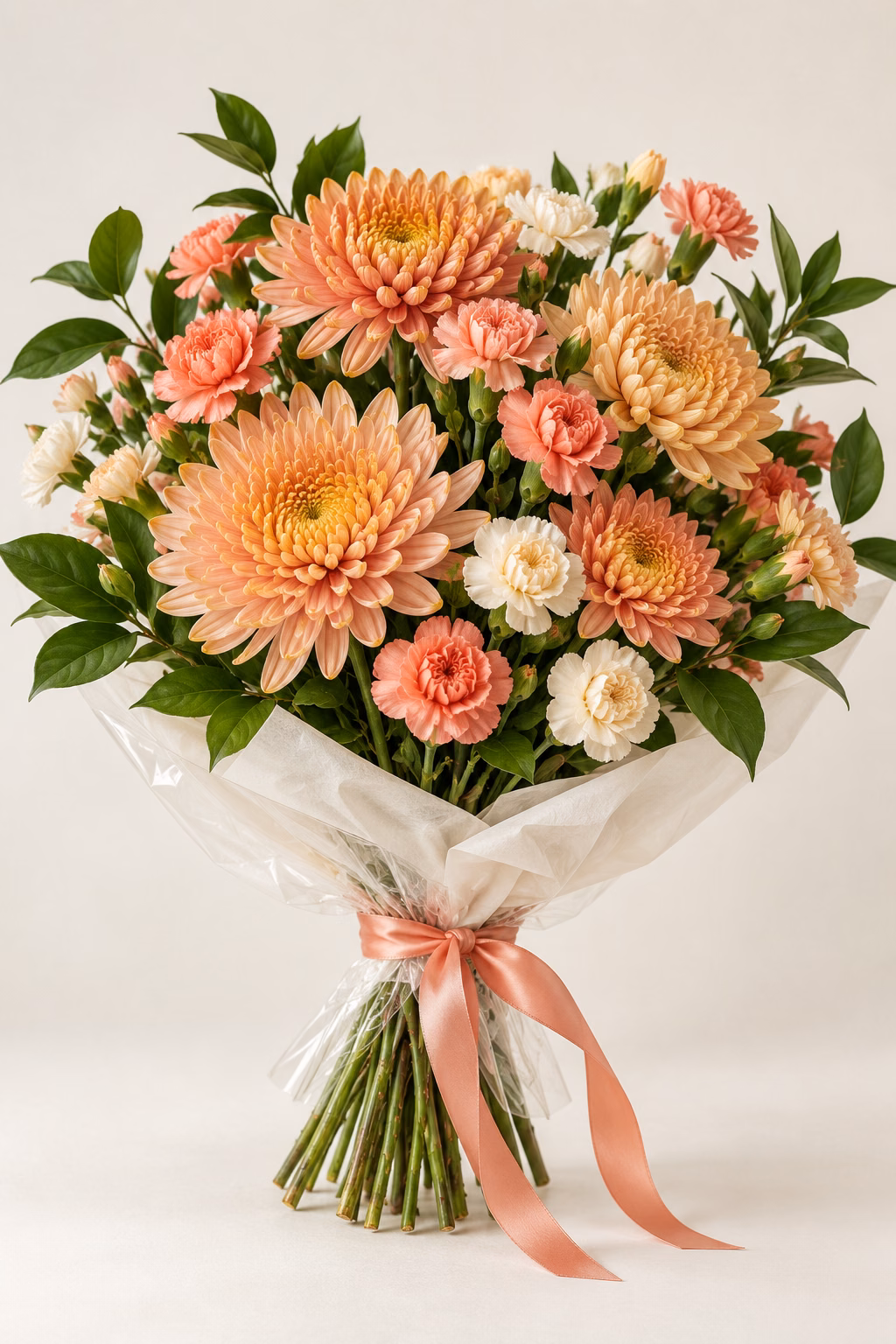 Peach Sunrise Chrysanthemum & Carnation Bouquet: Peach and apricot chrysanthemums, coral and cream spray carnations, and glossy salal. Traditionally hand-tied with simple tissue and clear wrapping, finished with a coordinating ribbon.