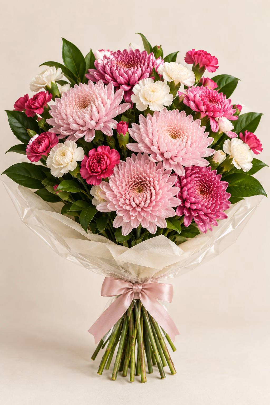 Roseberry Pink Chrysanthemum & Carnation Bouquet: Pale and deep-pink chrysanthemums, fuchsia and ivory spray carnations, and glossy salal. Traditionally hand-tied with simple tissue and clear wrapping, finished with a coordinating ribbon.