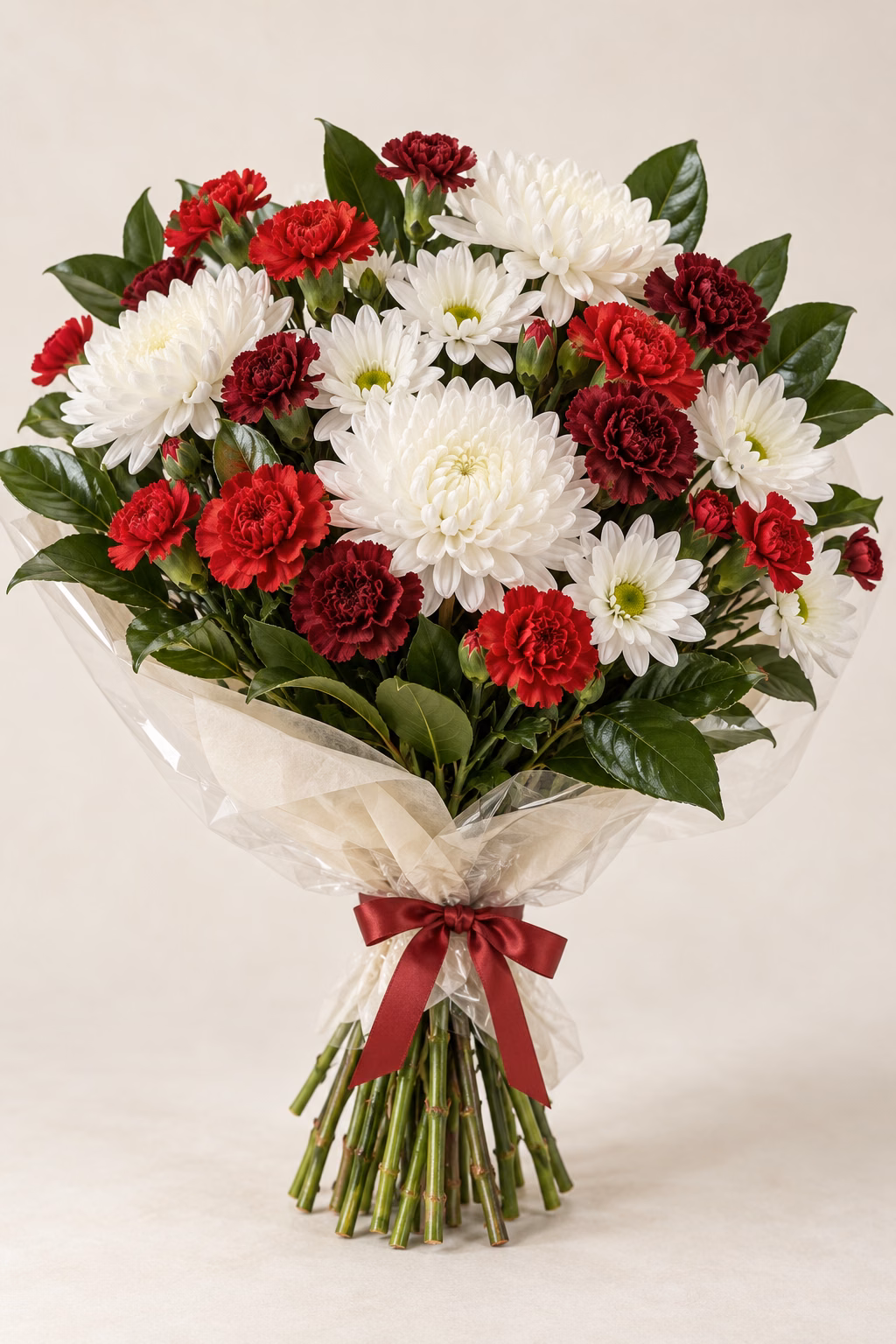 Ruby Snow Chrysanthemum & Carnation Bouquet: White disbud and daisy chrysanthemums, red and burgundy spray carnations, and glossy salal. Traditionally hand-tied with simple tissue and clear wrapping, finished with a coordinating ribbon.