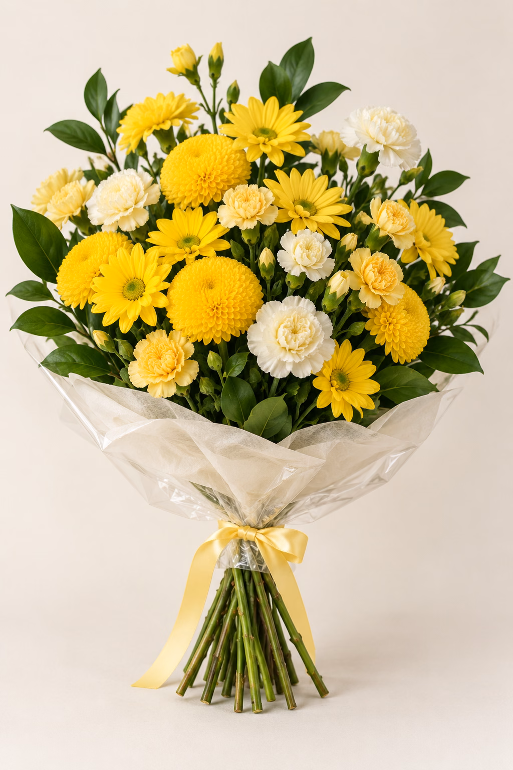 Sunshine Smile Chrysanthemum & Carnation Bouquet: Yellow pompon and daisy chrysanthemums, cream and yellow spray carnations, and glossy salal. Traditionally hand-tied with simple tissue and clear wrapping, finished with a coordinating ribbon.
