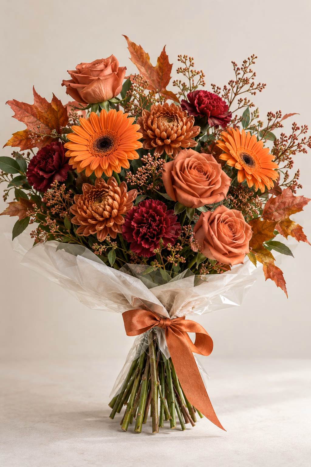 Maple Glow hand-tied bouquet: Terracotta roses, warm orange gerberas, burgundy carnations, copper chrysanthemums and restrained natural russet maple leaves. Traditionally hand-tied with simple tissue and clear wrapping, finished with a coordinating ribbon.