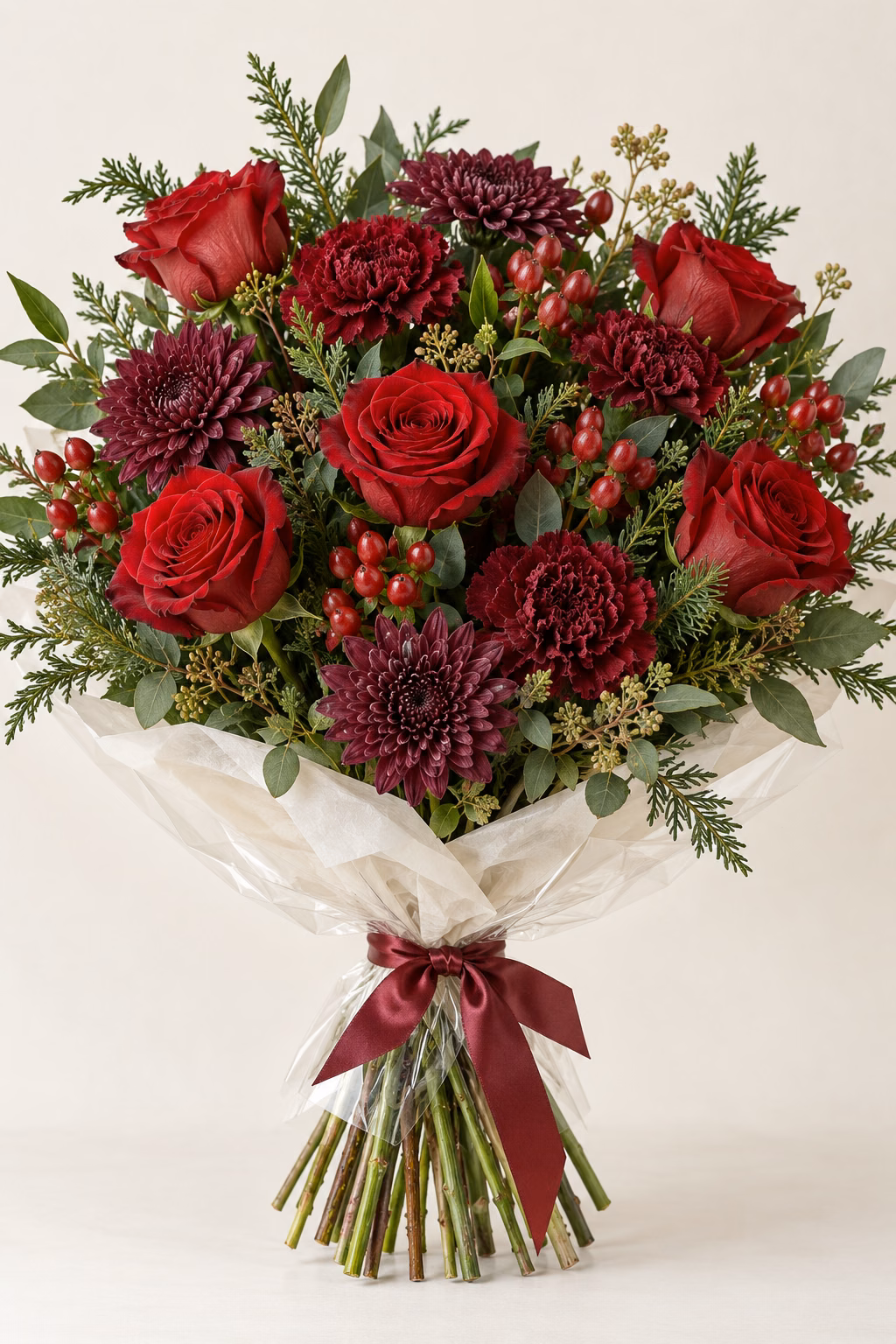 Fireside Ruby hand-tied bouquet: Deep ruby roses, burgundy carnations, dark plum chrysanthemums, red hypericum berries and fresh evergreen foliage. Traditionally hand-tied with simple tissue and clear wrapping, finished with a coordinating ribbon.