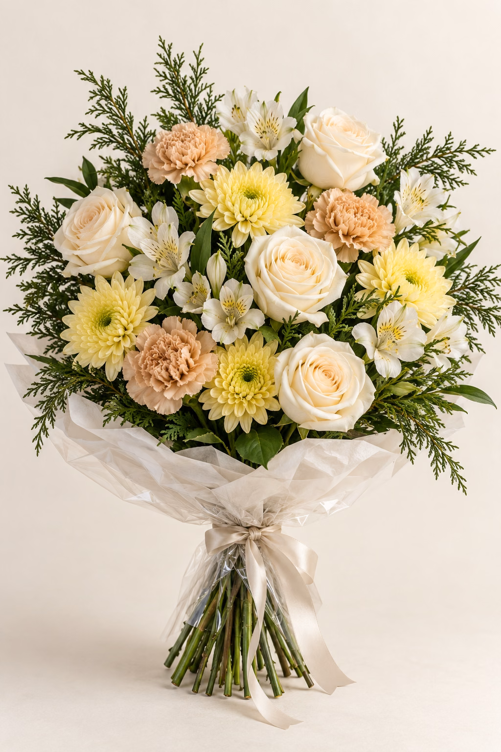 Golden Evening hand-tied bouquet: Cream roses, champagne carnations, pale yellow chrysanthemums, white alstroemeria and deep green cedar. Traditionally hand-tied with simple tissue and clear wrapping, finished with a coordinating ribbon.