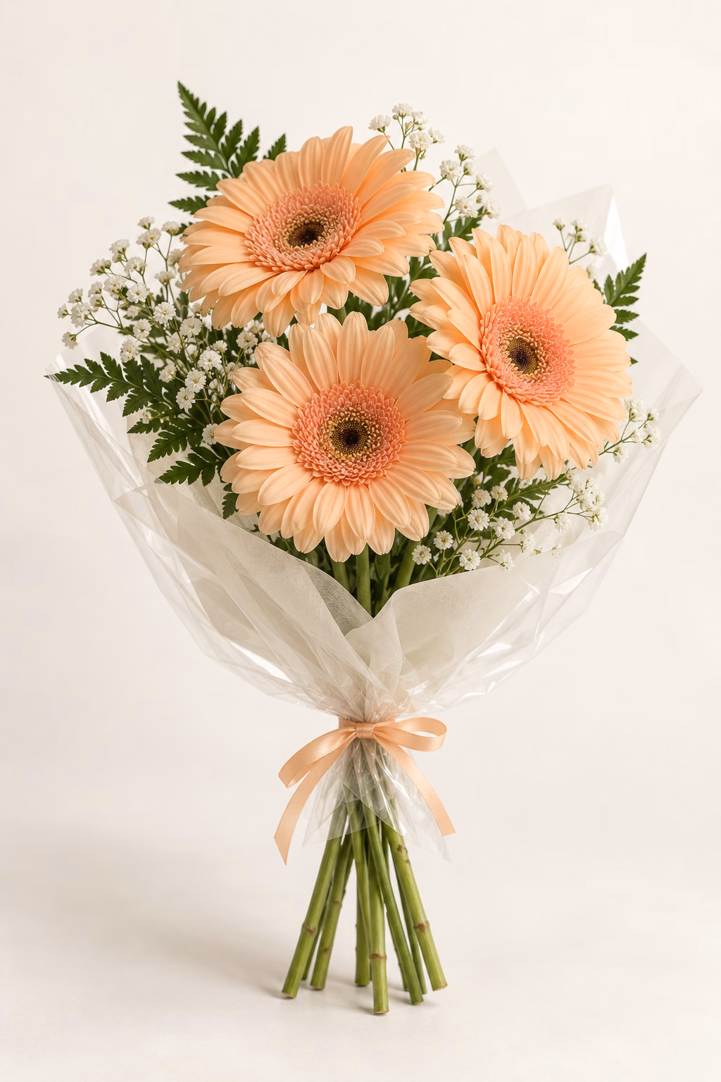 Apricot Air 3-Gerbera Bouquet: Three pale-apricot gerberas, leatherleaf fern and white baby's breath. Traditionally hand-tied in simple tissue and clear wrapping with a coordinating ribbon.