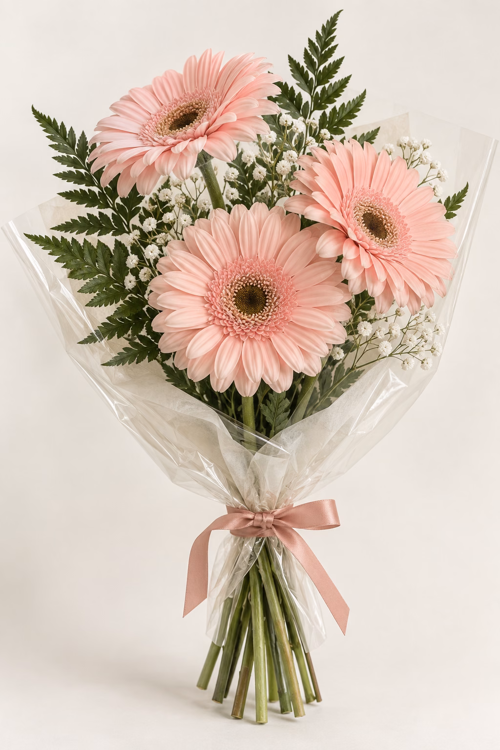 Blush Breeze 3-Gerbera Bouquet: Three blush-pink gerberas, leatherleaf fern and white baby's breath. Traditionally hand-tied in simple tissue and clear wrapping with a coordinating ribbon.