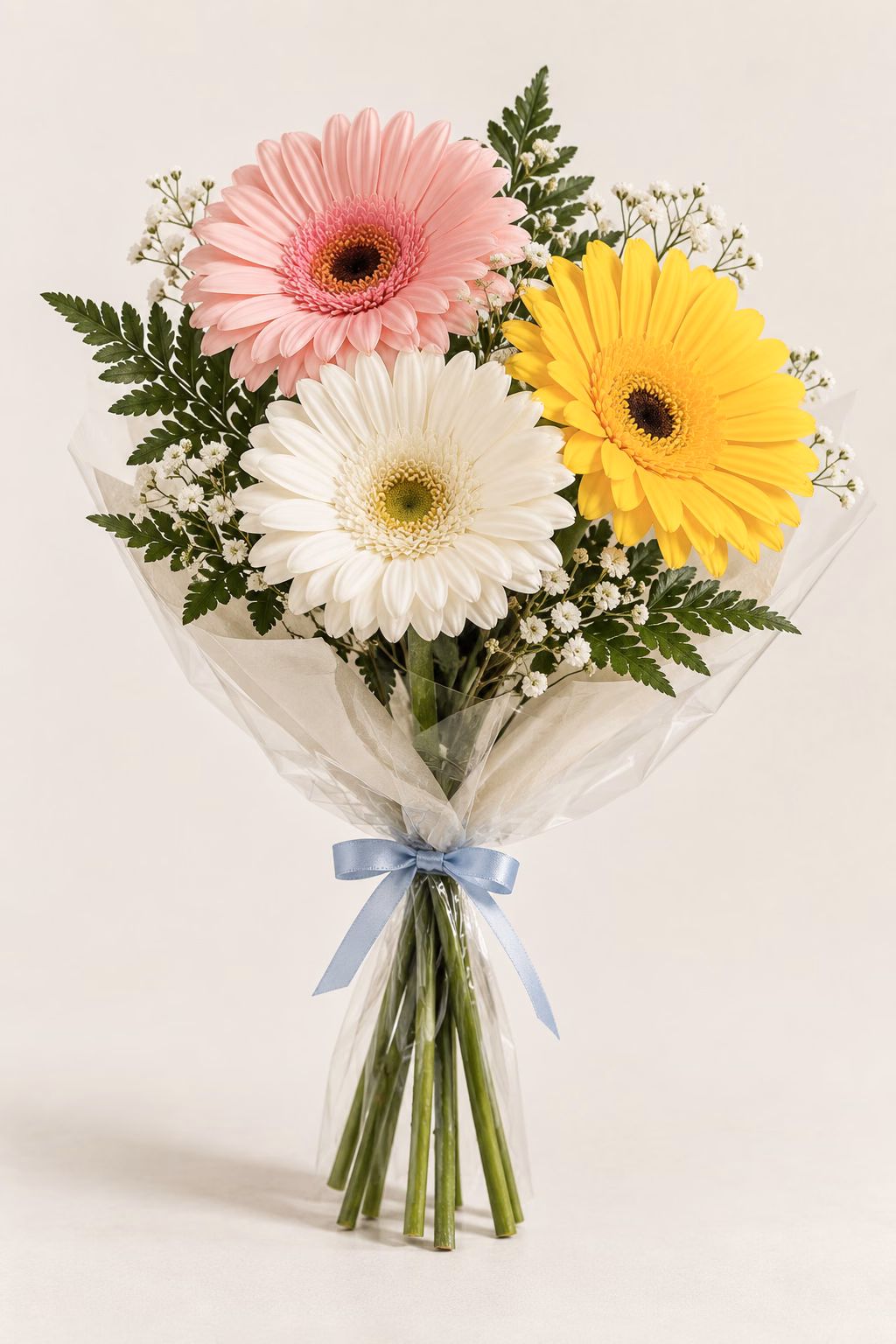 Candy Breeze 3-Gerbera Bouquet: One blush-pink gerbera, one white gerbera, one yellow gerbera, leatherleaf fern and white baby's breath. Traditionally hand-tied in simple tissue and clear wrapping with a coordinating ribbon.