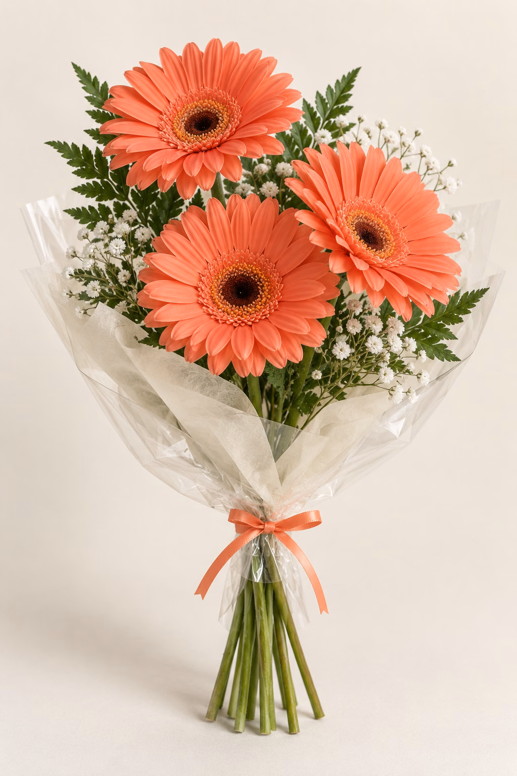 Coral Ribbon 3-Gerbera Bouquet: Three coral gerberas, leatherleaf fern and white baby's breath. Traditionally hand-tied in simple tissue and clear wrapping with a coordinating ribbon.