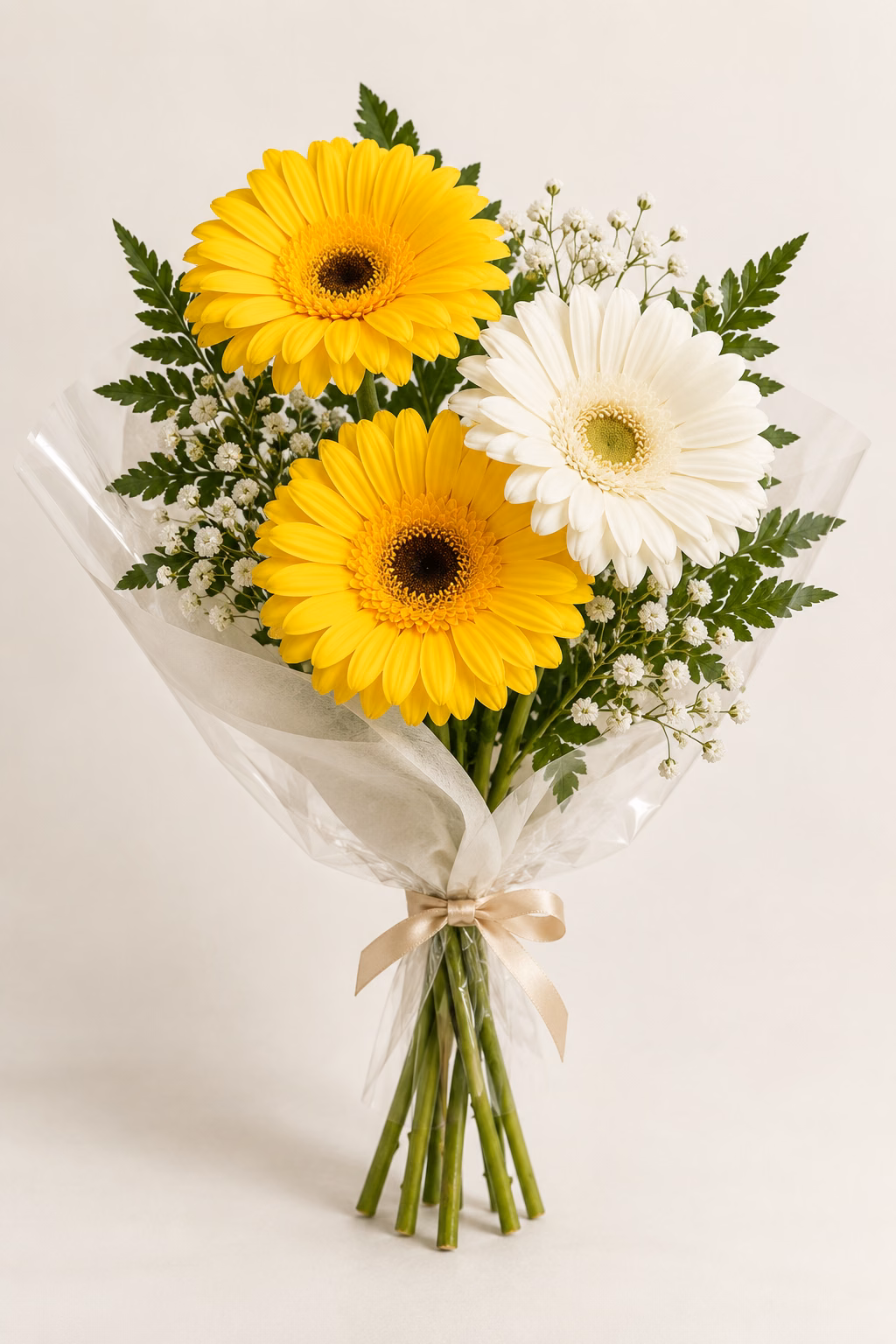 Golden Trio 3-Gerbera Bouquet: Two yellow gerberas and one white gerbera, leatherleaf fern and white baby's breath. Traditionally hand-tied in simple tissue and clear wrapping with a coordinating ribbon.