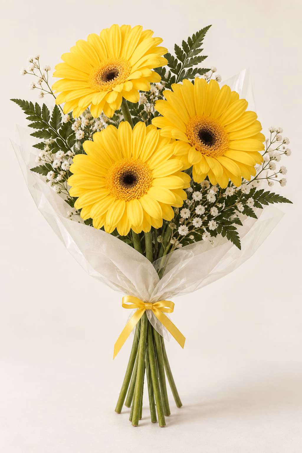 Lemon Light 3-Gerbera Bouquet: Three lemon-yellow gerberas, leatherleaf fern and white baby's breath. Traditionally hand-tied in simple tissue and clear wrapping with a coordinating ribbon.
