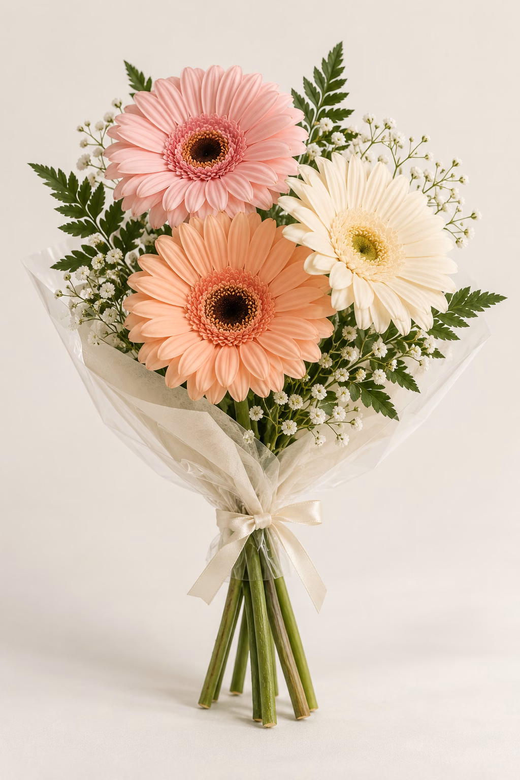 Pastel Letter 3-Gerbera Bouquet: One pale pink gerbera, one peach gerbera, one ivory gerbera, leatherleaf fern and white baby's breath. Traditionally hand-tied in simple tissue and clear wrapping with a coordinating ribbon.