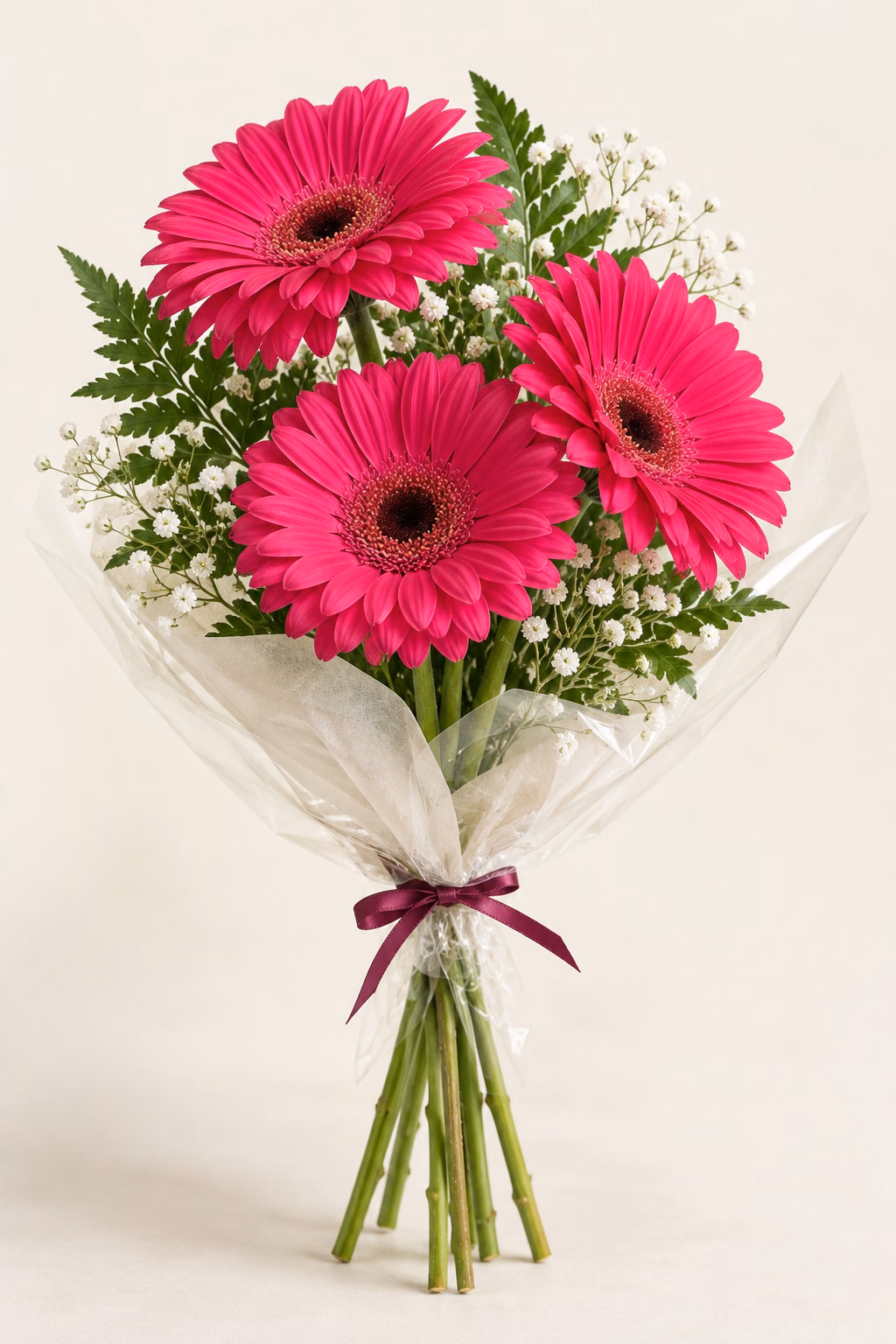 Pink Muse 3-Gerbera Bouquet: Three fuchsia-pink gerberas, leatherleaf fern and white baby's breath. Traditionally hand-tied in simple tissue and clear wrapping with a coordinating ribbon.